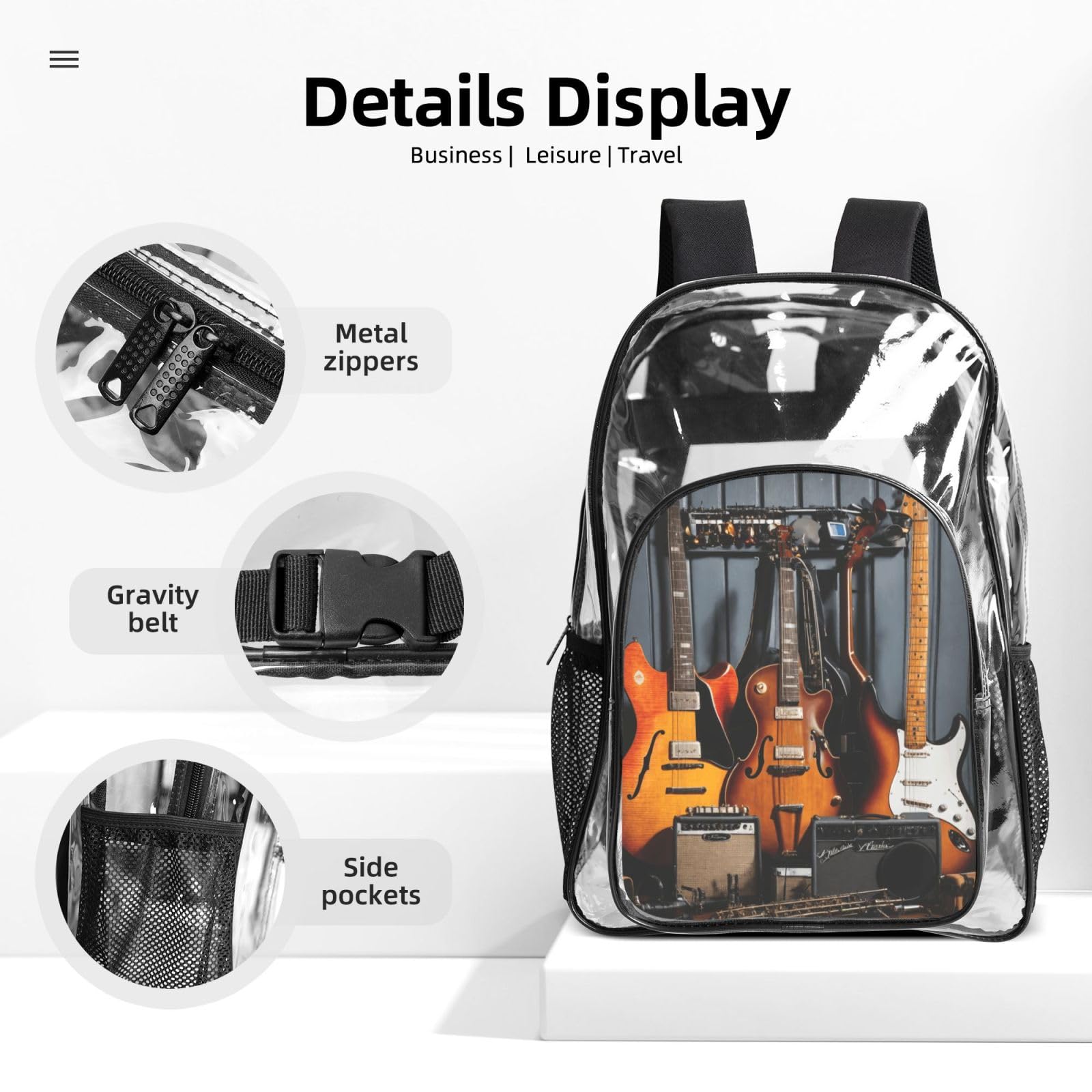 Gitara elektryczna nadruk przezroczysty plecak zestaw unisex 3-częściowy przezroczysty torba na lunch piórnik podróżny na zewnątrz