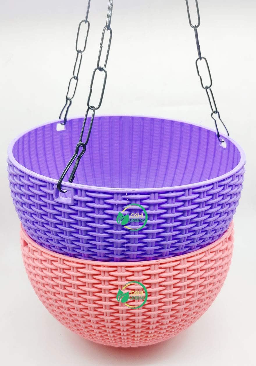 Oshi Greens Plastic Hanging Flower Pot Basket With Hook Chain, Multicolour, B-22 cm, H-13 cm, 2 Pieces