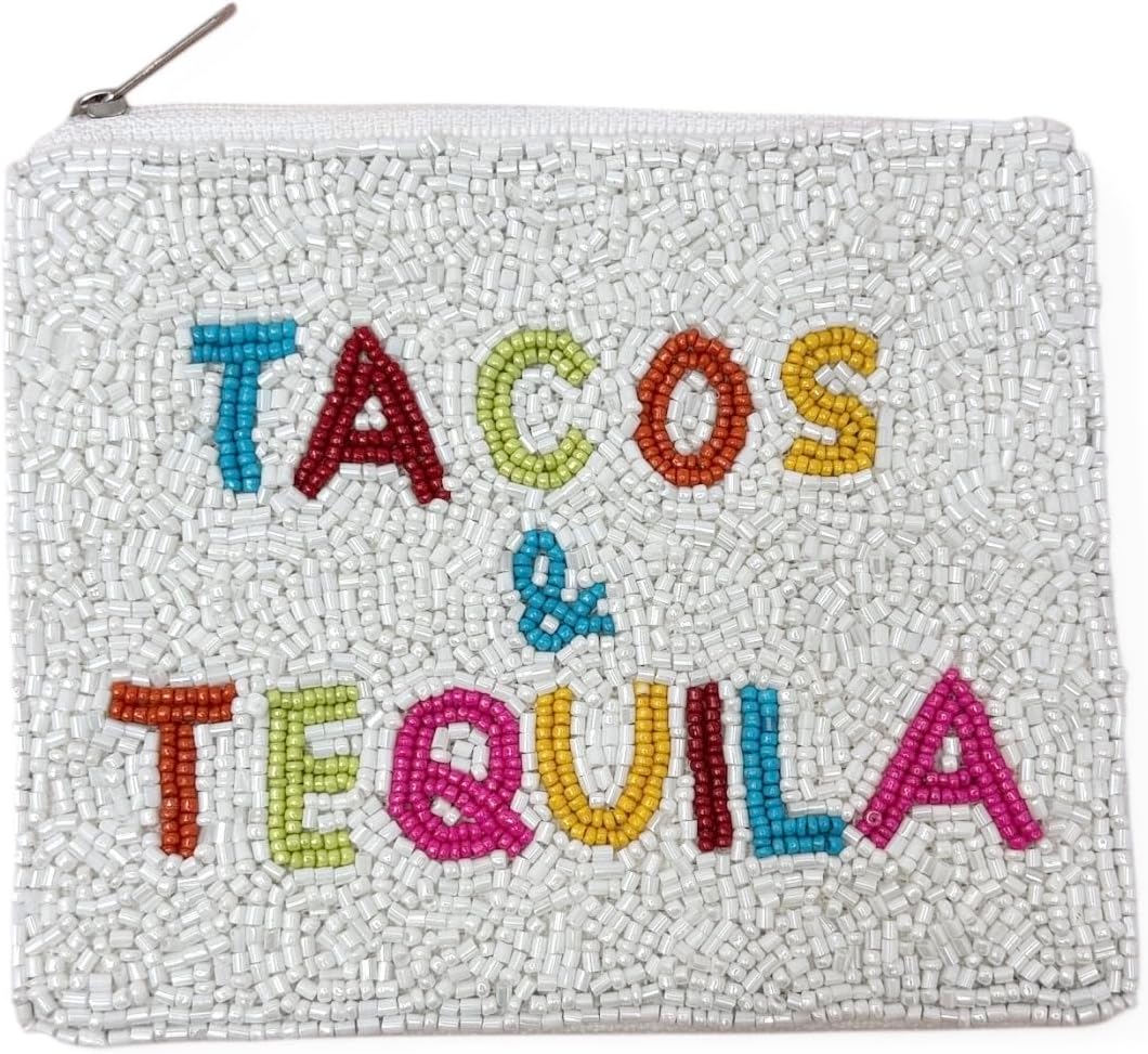 TACOS AND TEQUILA Coin Purse Pouch, White SmalL Purse, Cute Summer Coin Purse, Best Friend Gift, Pouches, Boho Bags, Wallets for Her