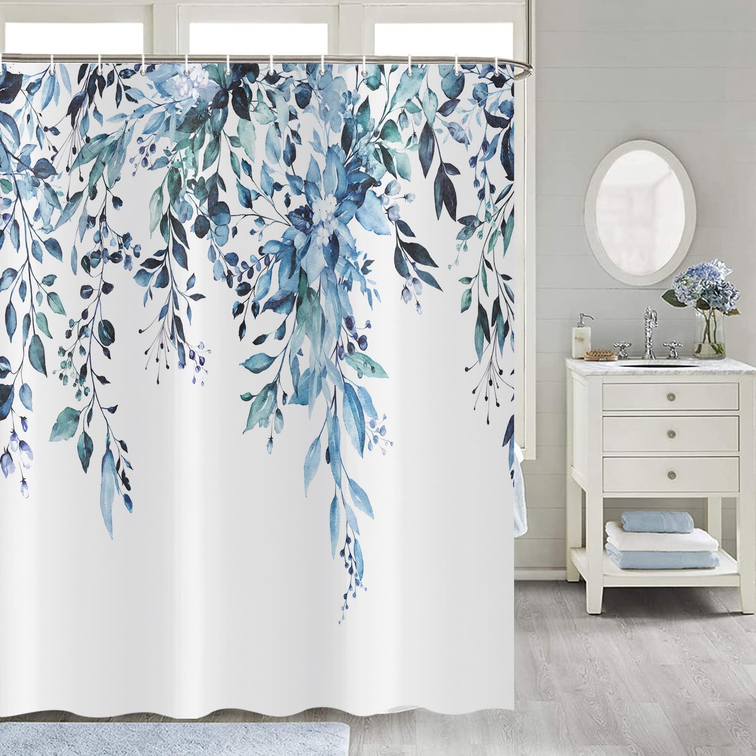 ASDCXZ Blue Eucalyptus Shower Curtain 240x180 cm, Spring Watercolor Eucalyptus Leaves Floral Plants Waterproof Bath Curtain Polyester Textile Washable Shower Curtains for Bathtub with 16 Hooks