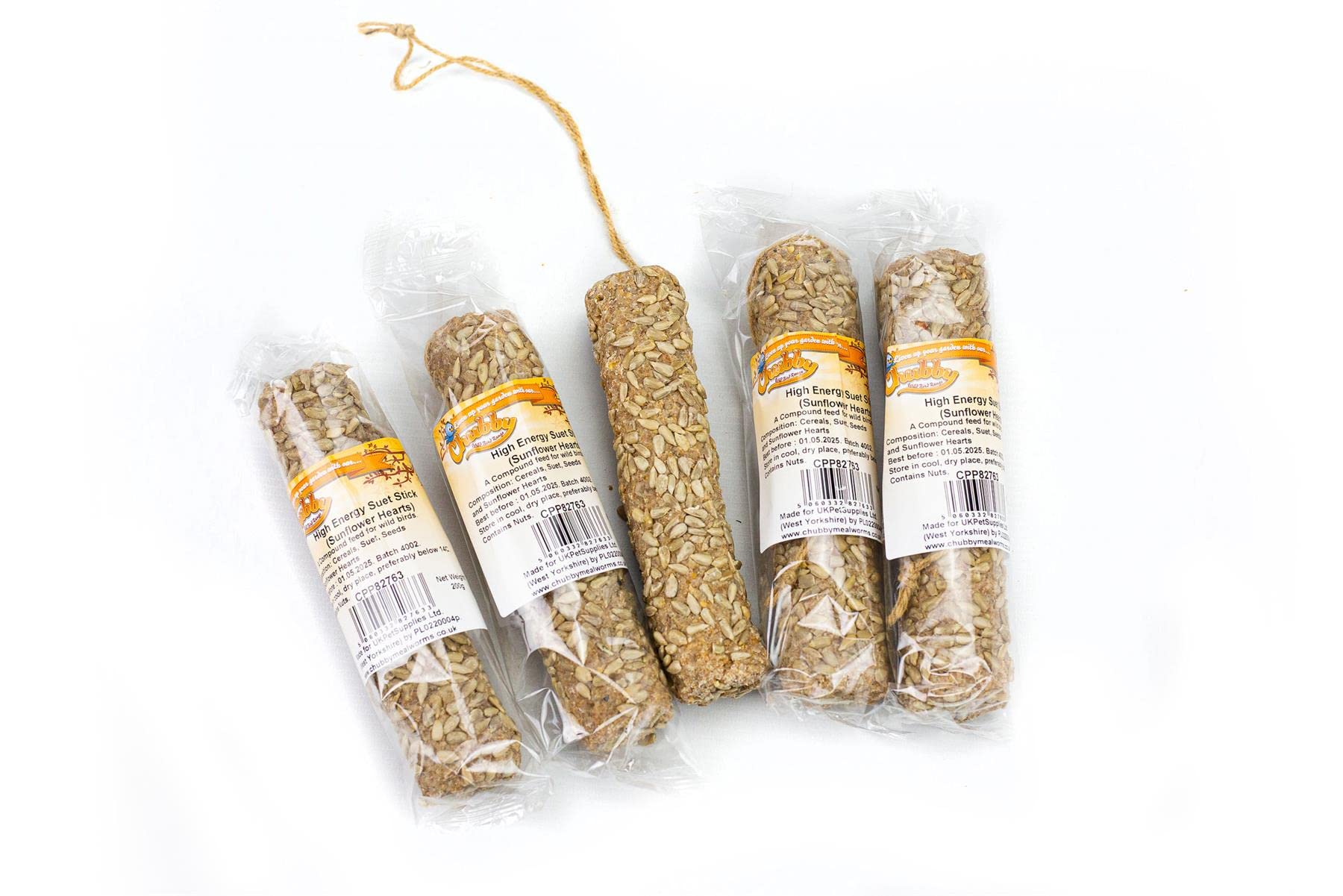 Chubby Mealworm Suet Sticks, Pack of 5 Wild Bird Food, 100% Natural Jute String, High Energy Treat, Hangable seed stick for Budgies, Parrots, Finches & More