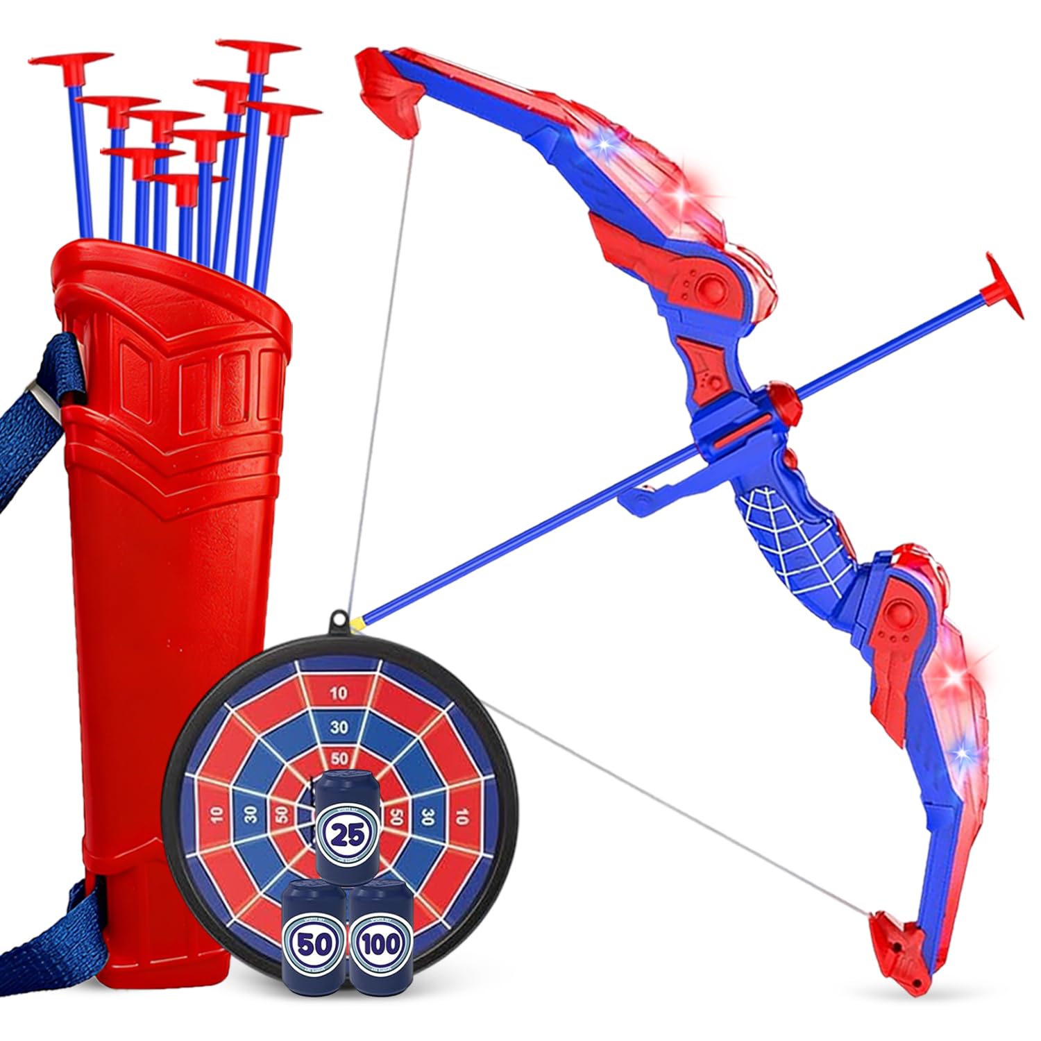 SHAREMI Arc et Fleches Enfants Jouets 4 5 6 7 8 9 Ans Garçon Filles, Jeu de Tir à l'arc avec Lumières LED, Cible Suspendue et Flèches à Ventouse, Jeux Intérieur Extérieur Cadeaux Anniversaire Noël