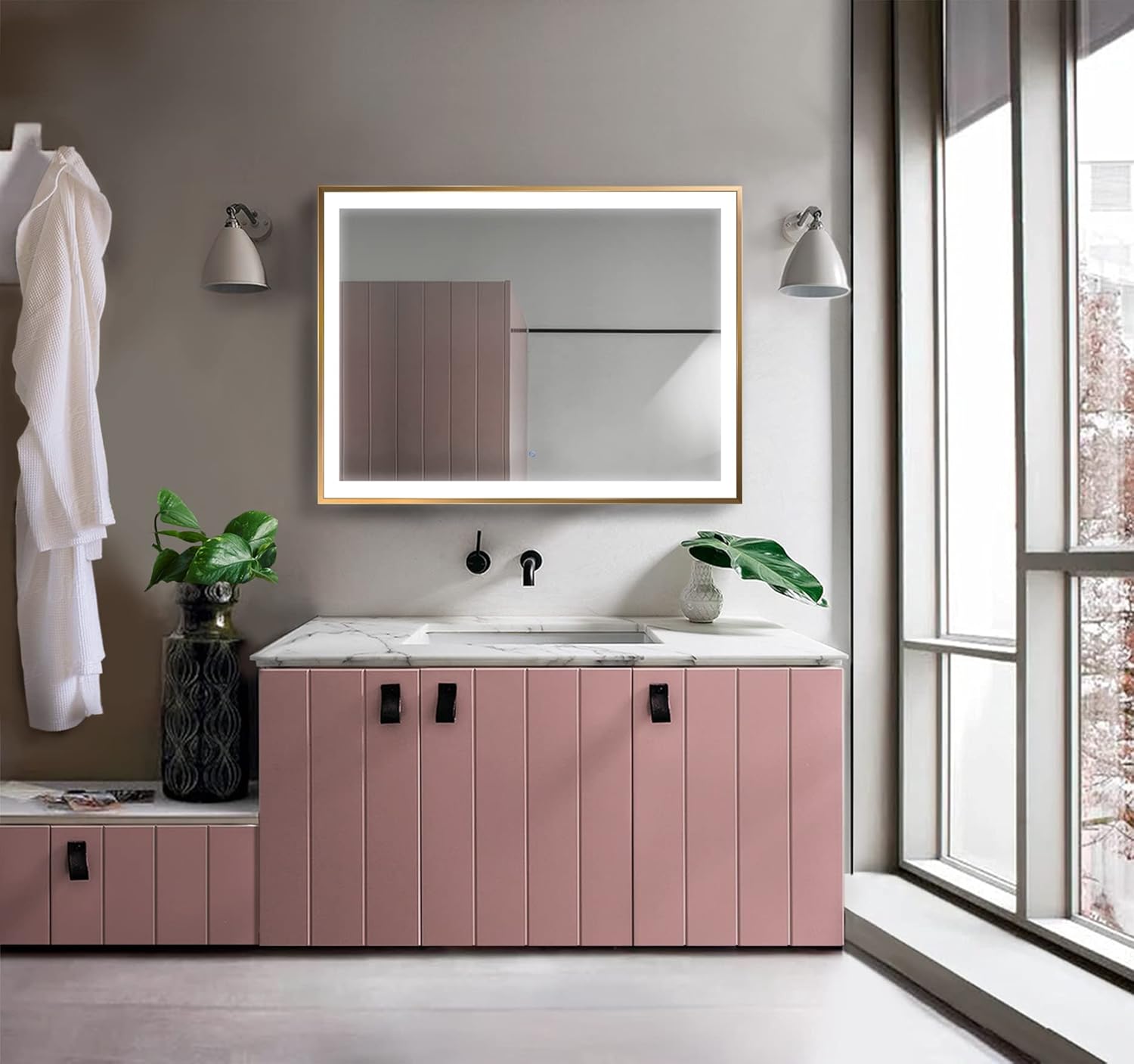 Krugg | Soho LED Bathroom Framed Mirror | Lighted Vanity Mirror Includes Dimmer & Defogger | Wall Mount Vertical or Horizontal Installation (Gold, 48Wx36L)