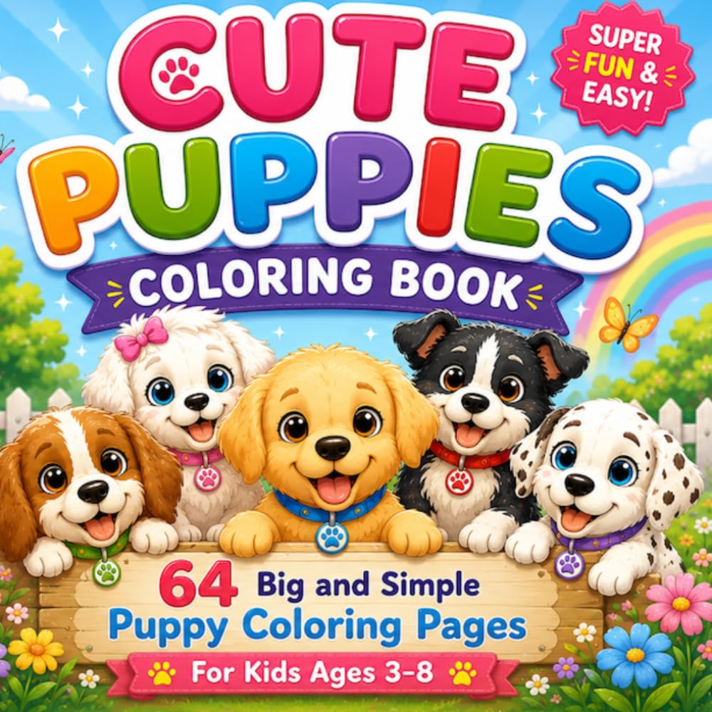 Cute Puppies Coloring Book for Kids: 64 Big and Simple Puppy Coloring Pages for Ages 3-8
