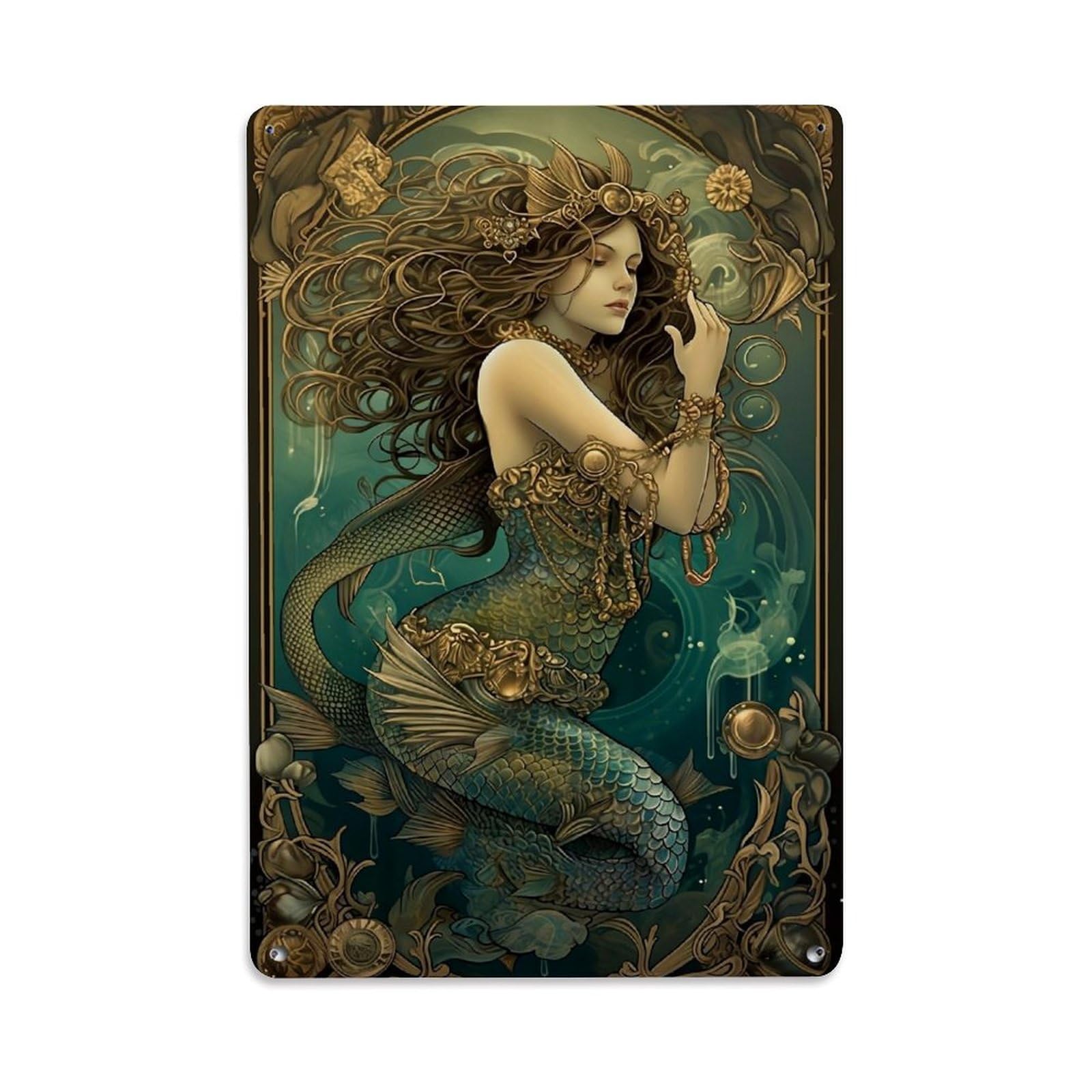 Jdfenggu Vintage Mermaid Artistic Ornate Fantasy Design Retro Metal Tin Sign, Decor Art Poster For Bar, Home, Man Cave, Kitchen, Laundry Room Gift 8X12inch