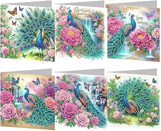 pigpigboss 6 Packs Peacock Diamond Painting Birthday Cards Kit, Special Shaped Butterfly Flower Peacock Diamond Art Greeting Cards with Envelopes for Adult Beginner Holiday Blessing