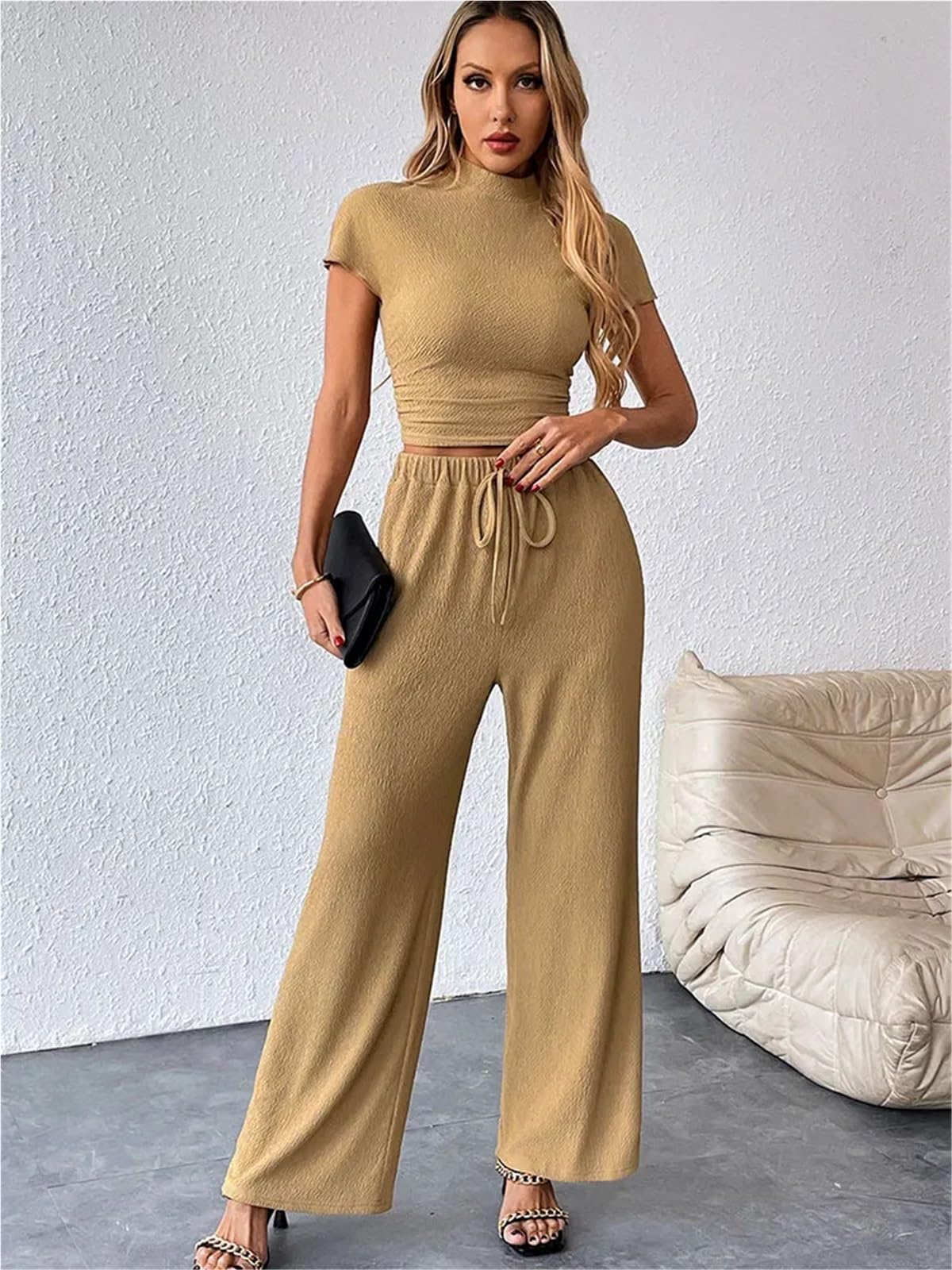 Completo Donna Elegante Pantaloni da donna in due pezzi, maglietta a maniche corte, pantaloni con lacci, casual, aderenti, elastico in vita(M)