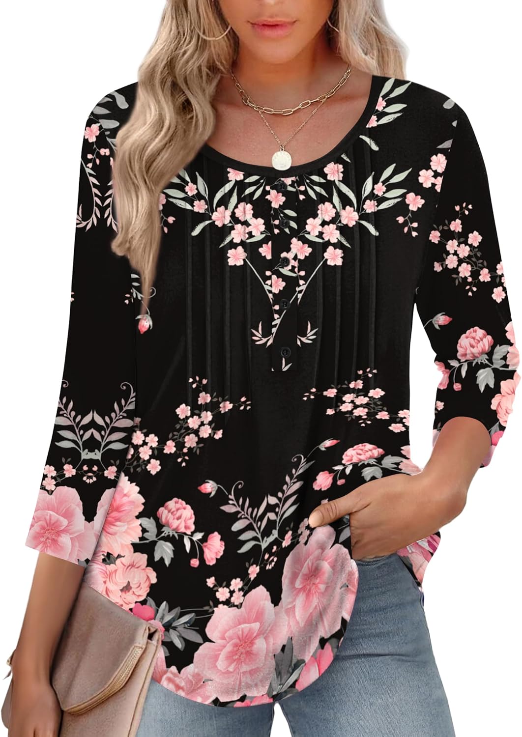 Zeagoo 3/4 Length Sleeve Womens Tops Round Neck Casual Summer Tunic Tops Basic Tees Blouses Dressy T-Shirts Pleated Shirts - Image 2