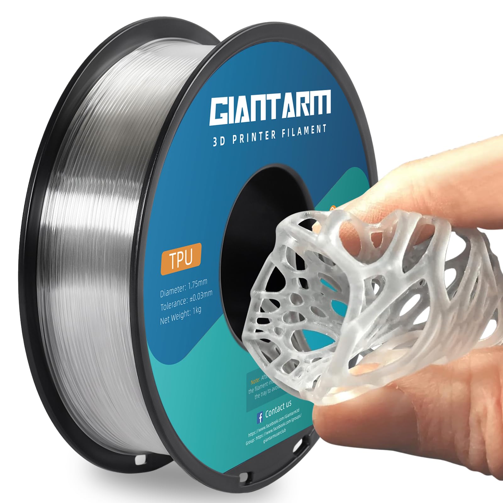 GIANTARM TPU Filament, 95A TPU Filament 1.75mm, Dimensional Accuracy +/- 0.03, Flexible Soft 3D Printer Filament 1kg Spool(2.2 lbs), Vacuum Packaging (Clear)