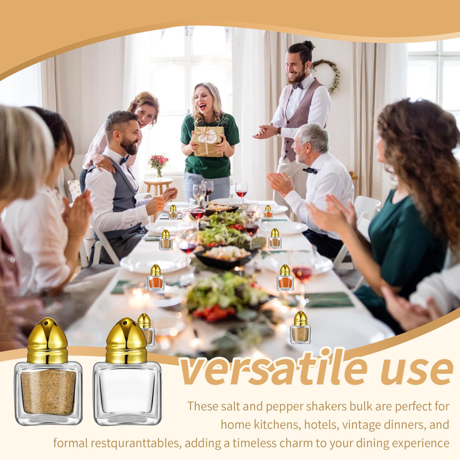 Lot de 100 mini salières et poivrières en vrac de 14,2 g, petits cubes en verre avec couvercle en acier inoxydable pour cuisine, restaurant, voyage, maison, camping, fête (doré)
