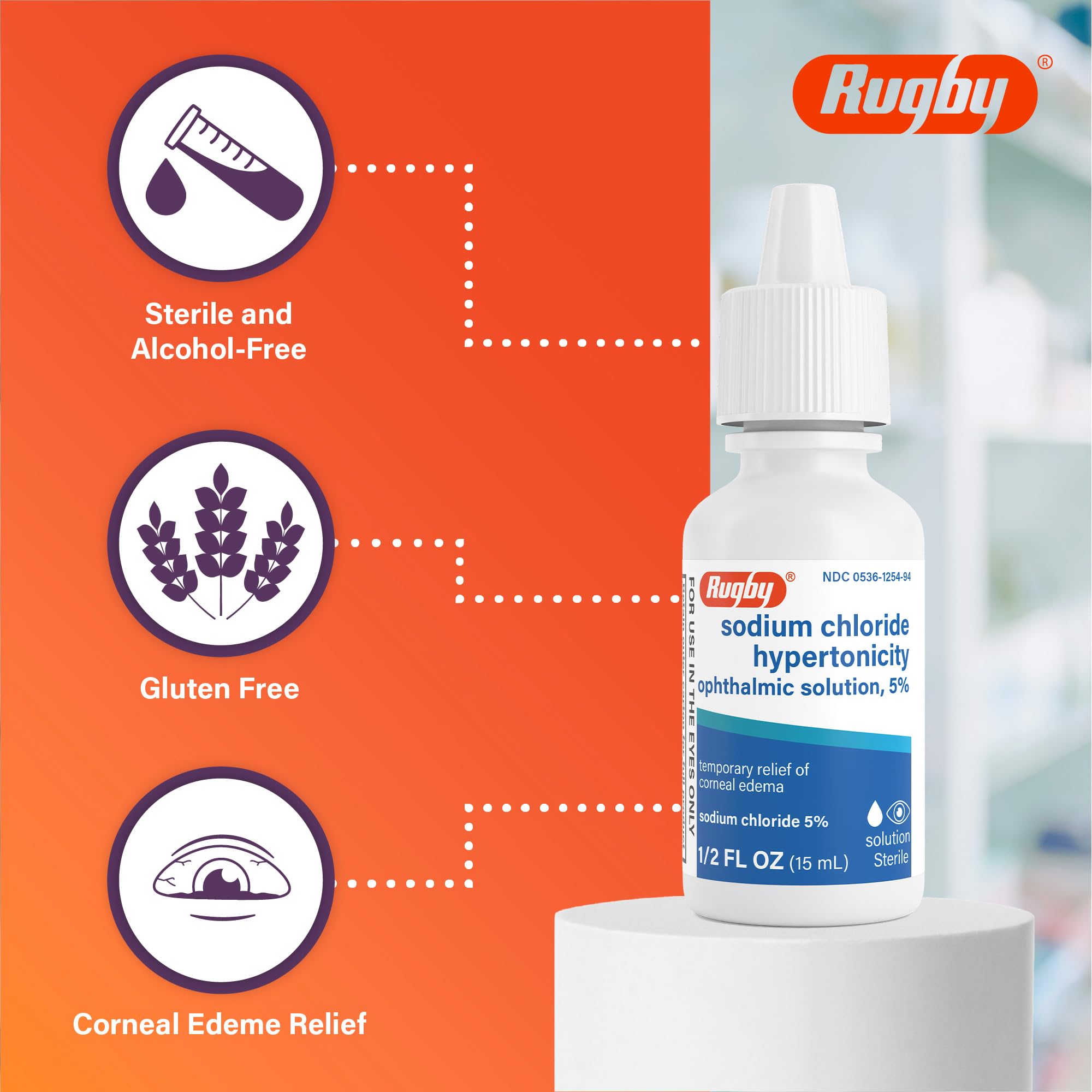 Rugby Sodium Chloride Hypertonicity Ophthalmic Eye Solution 5% - Sodium Chloride Eye Drops for Temporary Corneal Edema Symptom Support - Alcohol-Free - 0.5 Fl. Oz. (1-Pack) — Amazon image 5