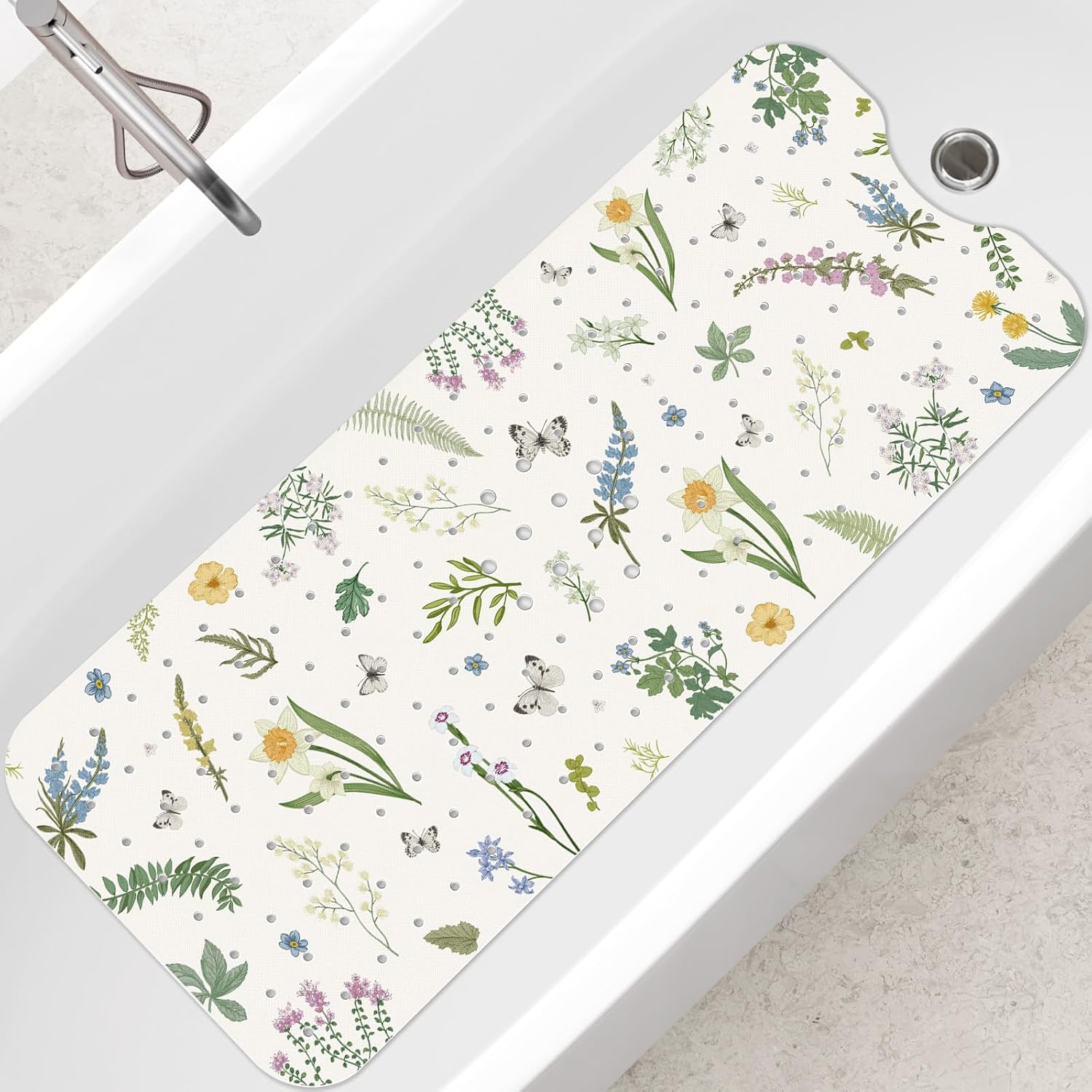 SHUCHING Flower and Leaf Bath Mat for Tub Non Slip-40 X 16Inch, Bathtub Mat Anti Slip for Women, Long Shower Mat for Bathroom Mold Free, Machine Washable