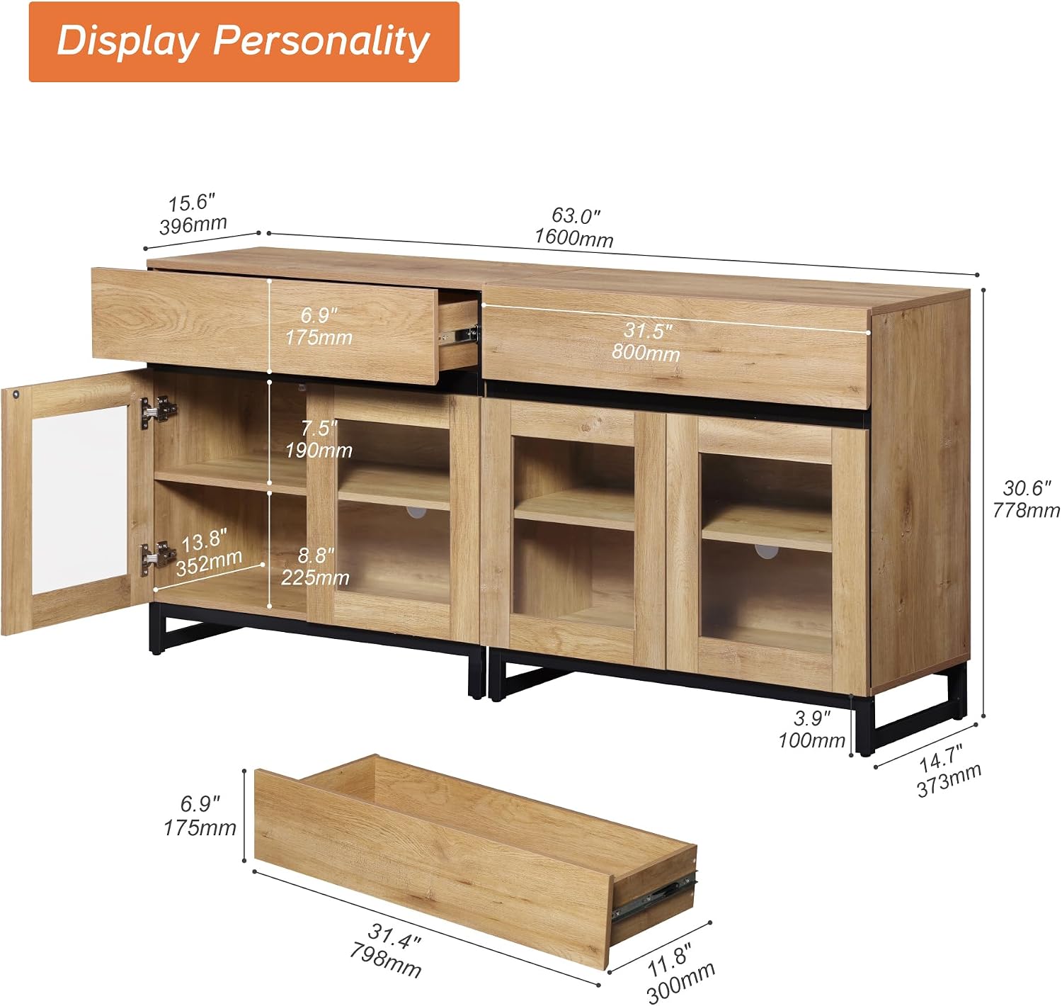 WAMPAT Modern TV Stand with Glass Doors for 40-70 inch TVs, 2 in 1 Entertainment Center Console with 2 Drawers and Metal Base for Living Room, Bedroom, Oak
