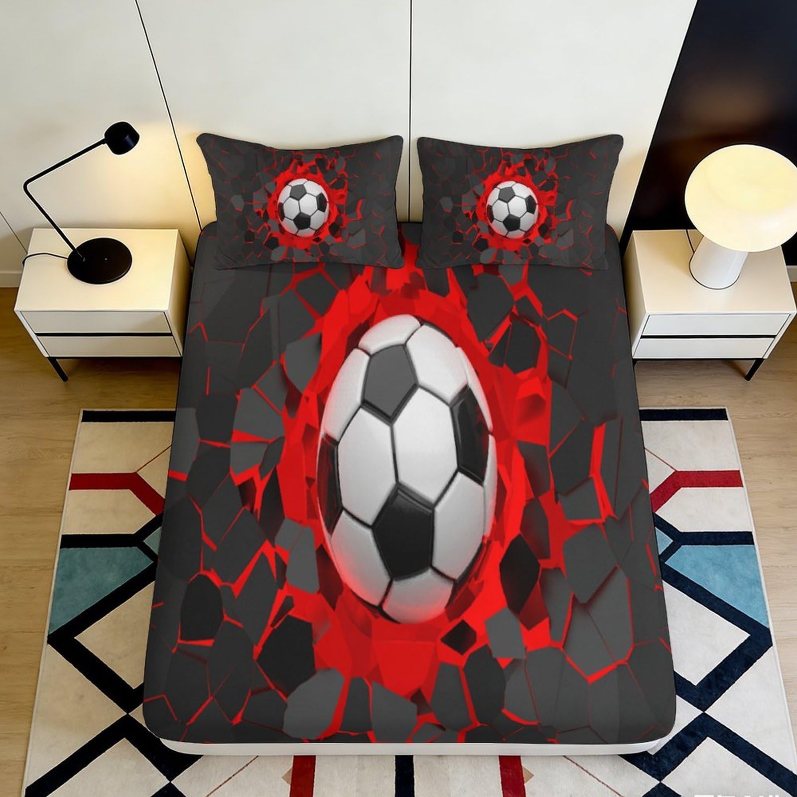 Dhbaneiok Style-7 3D Printed Soccer Ball Fitted Sheet Microfiber Soft Breathable Red Splash Bed Cover For Bedroom Guestroom Decor 90X200x25cm