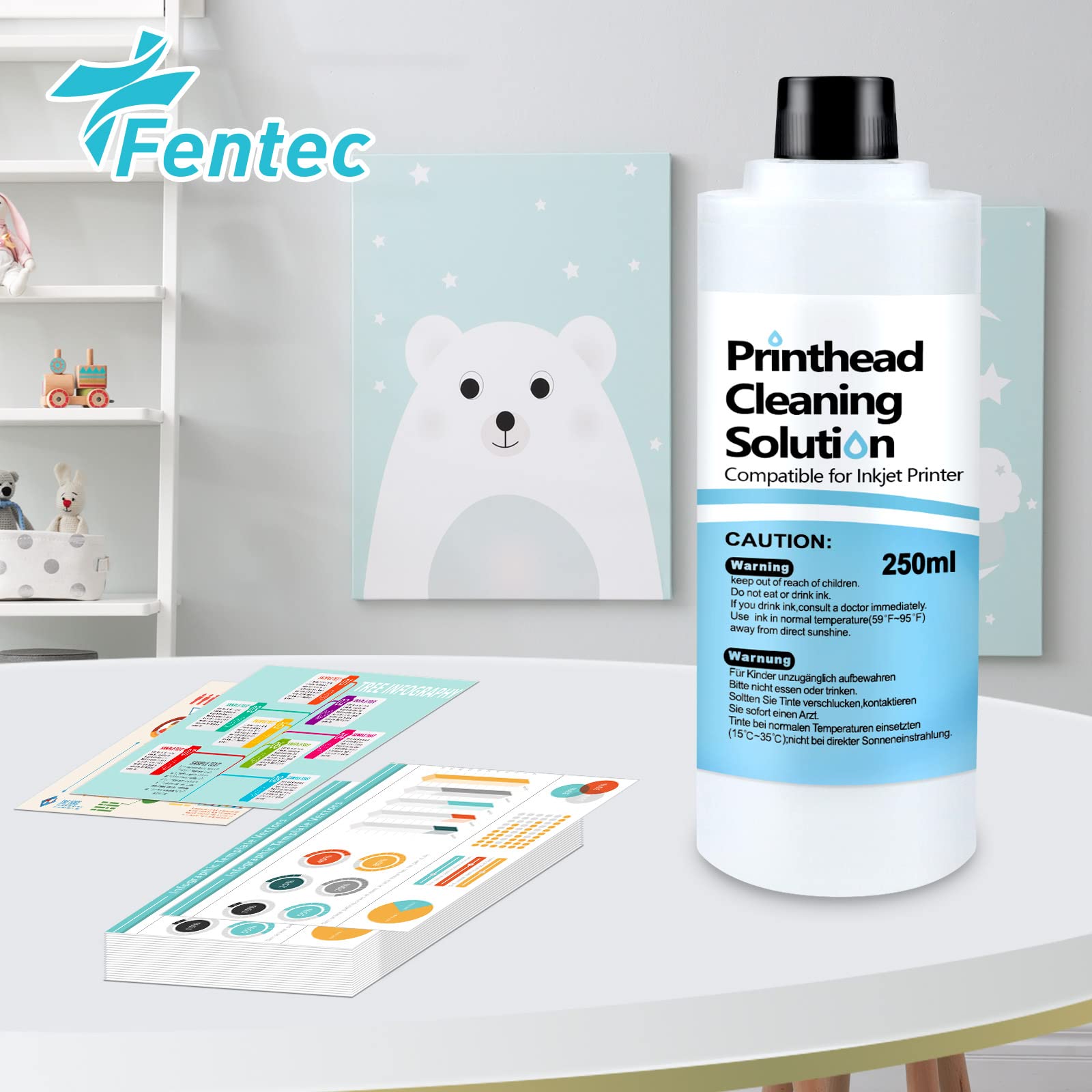 FENTEC Limpiador Cabezales Impresora 250 ml Kit Limpieza Impresora Adecuado para Liquido Limpiador Cabezales Epson, HP, Canon, Lexmark, Brother Impresoras de Inyección de Tinta