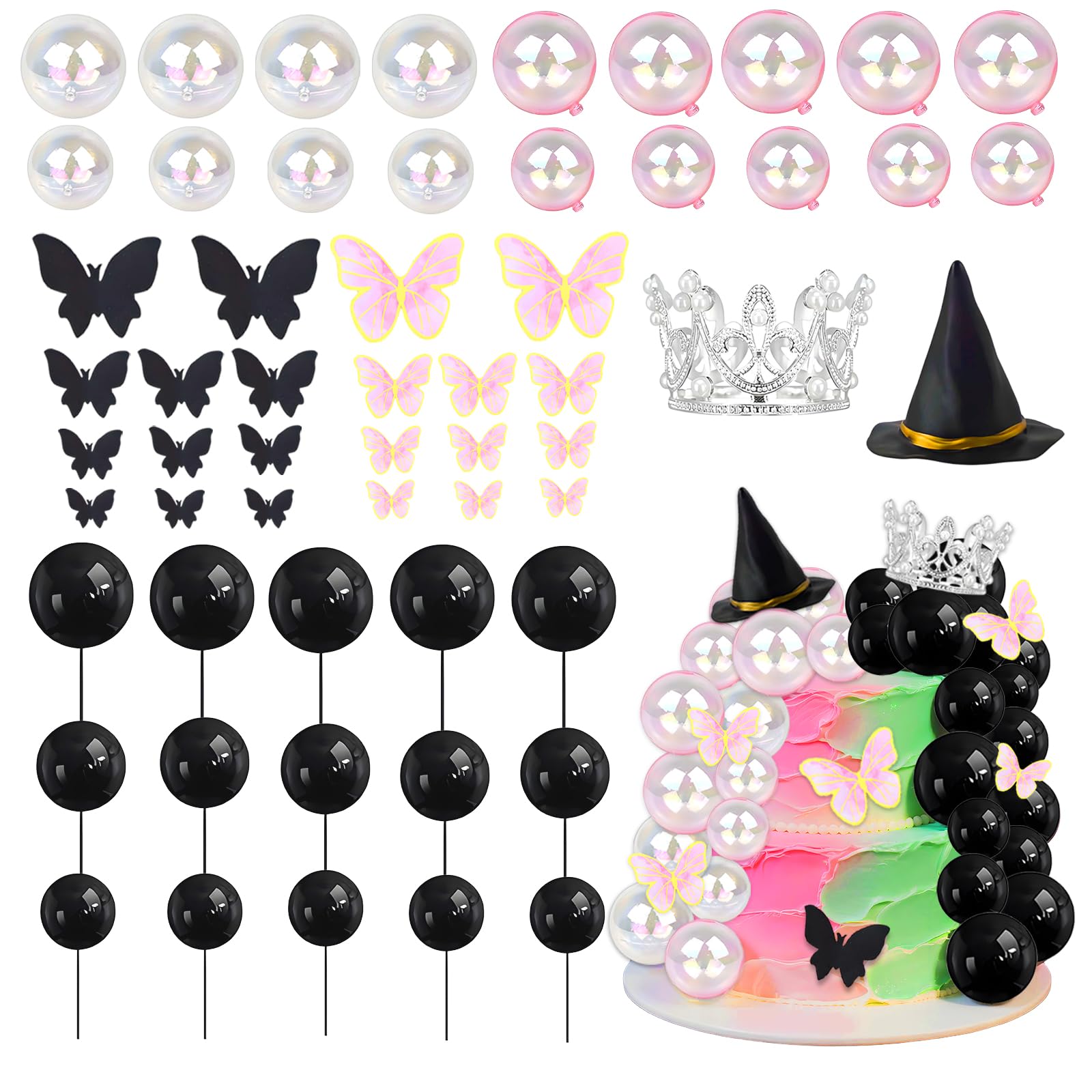 57 Pcs Green Pink Witch Cake Party Decoration, with Witch Hat Crown CakeTopper, Cake Balls Topper, Butterfly Cake Decoration for Birthday Party Supplies Decoration