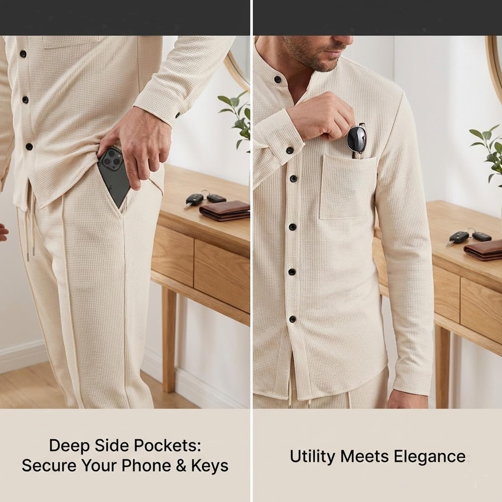 Generisch Conjunto de 2 piezas de camisa y pantalones informales para hombre, estilo gofre, ropa informal y casual