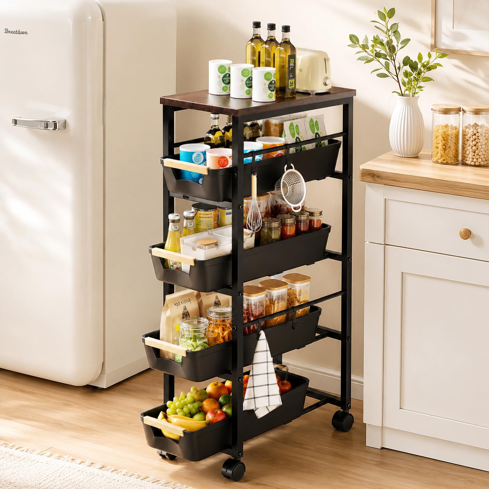 Carrito Cocina con Ruedas, Carrito Cocina con Cestas Retráctiles con 5 Cajones, Verdulero Cocina con 6 Ganchos y Mecanismo de Frenado, Adecuado para Cocina, Baño