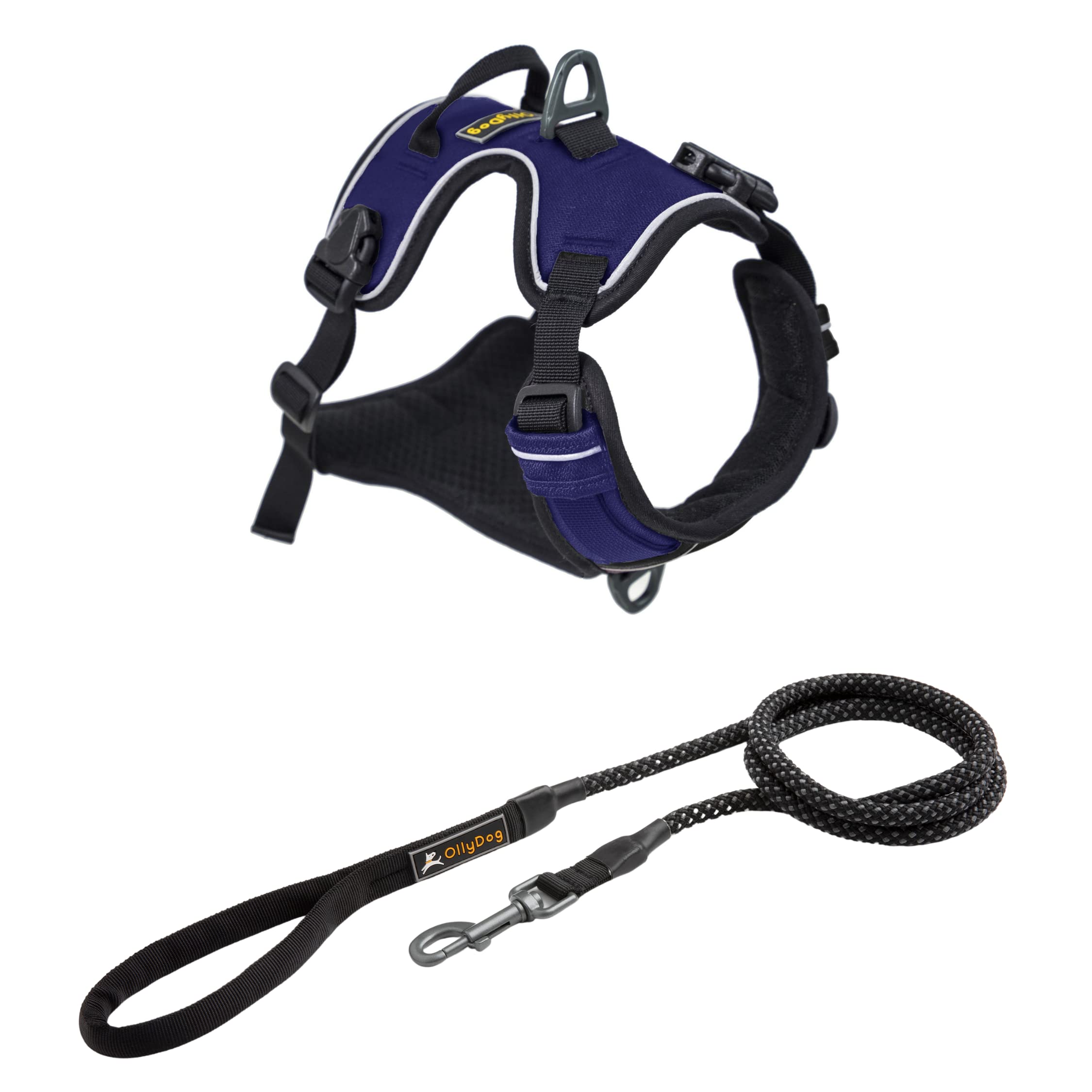 OllyDog Adjustable Padded Reflective Dog Harness and Rope Leash Set, Alpine Harness and Mountain Leash Bundle