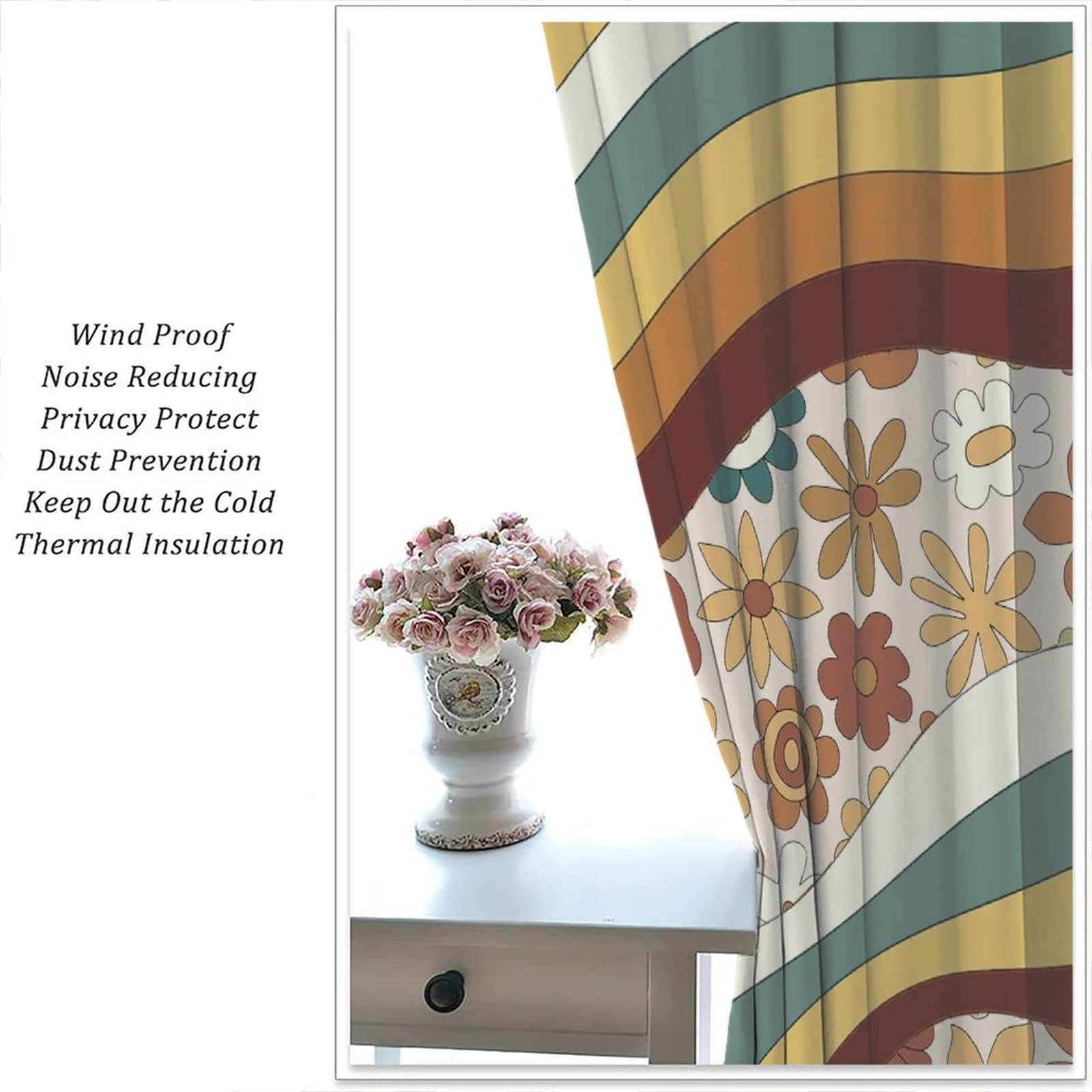 Cortina opaca floral retro Bobo, estilo abstracto de los años 70 y 80, diseño de flores de arco iris, para sala de estar, dormitorio, decoración del hogar, 63 x 63 pulgadas