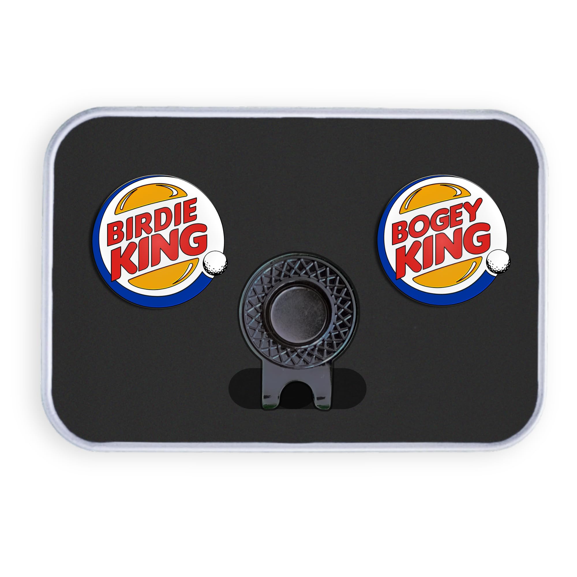 Golf Ball Marker Gift Set - Bogey/Birdie King Markers + Hat Clip (Gift Tin)