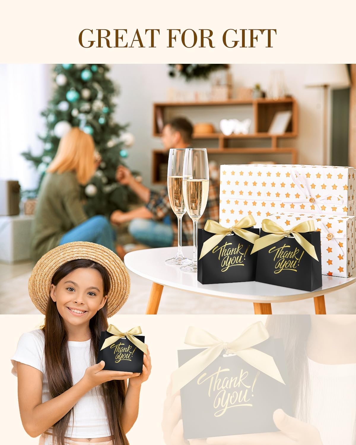 EQOREIIN Small Gift Bags, 70 Pack 4.5x1.8x3.9 Inches Mini Thank You Bags Black Kraft Paper Gift Bag with Bow Ribbon, Candy Bags for Birthday Wedding Baby Shower - Image 5