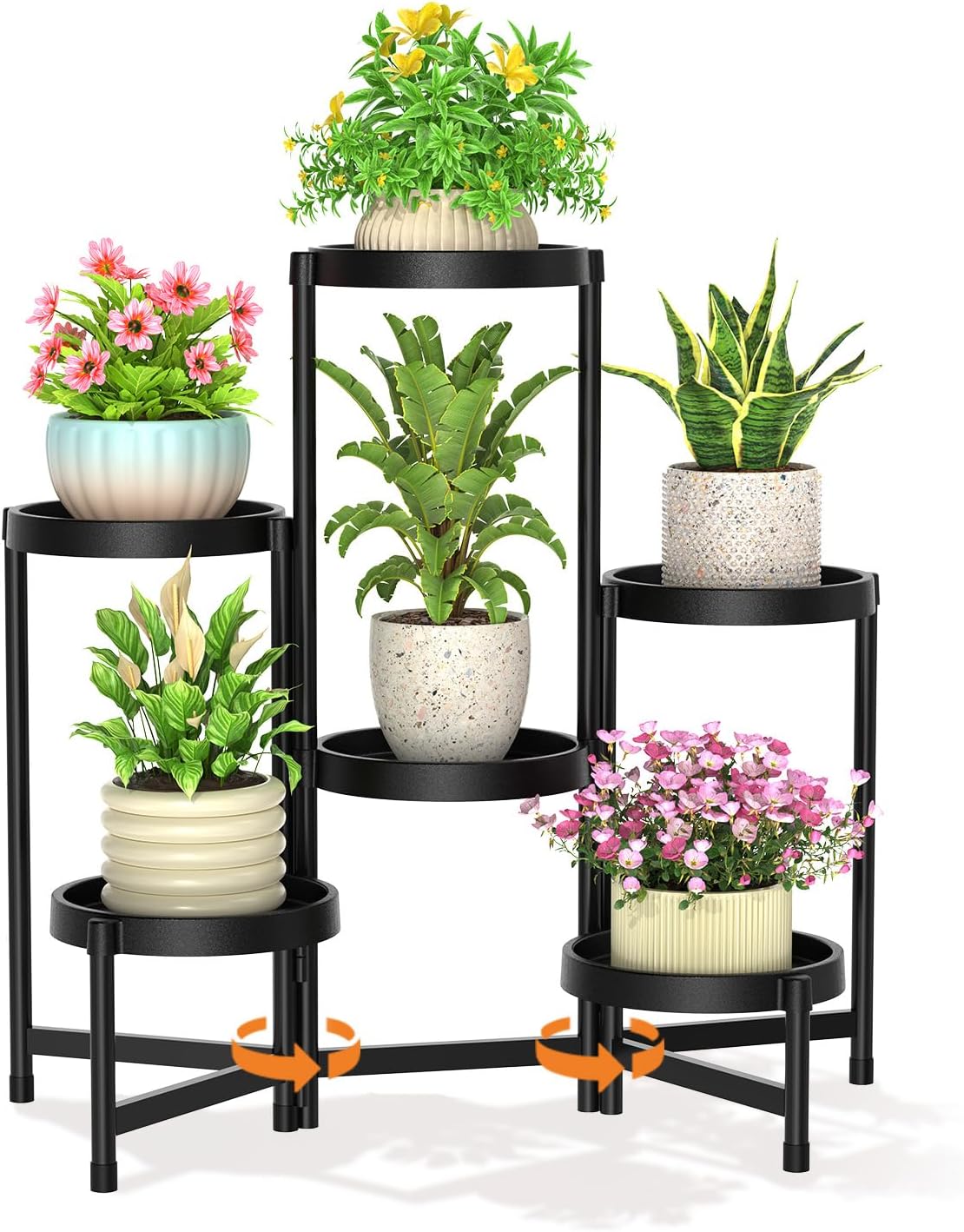 LASZOLA 6 Tiered Folding Plant Stand Indoor for Multiple Large Planter, Tall Heavy Duty Adjustable Rack with Rust Proof Plastic Shelving, Sturdy Vertical Tree Organizer for Narrow Inside Floor, Black 6 Tier - Black