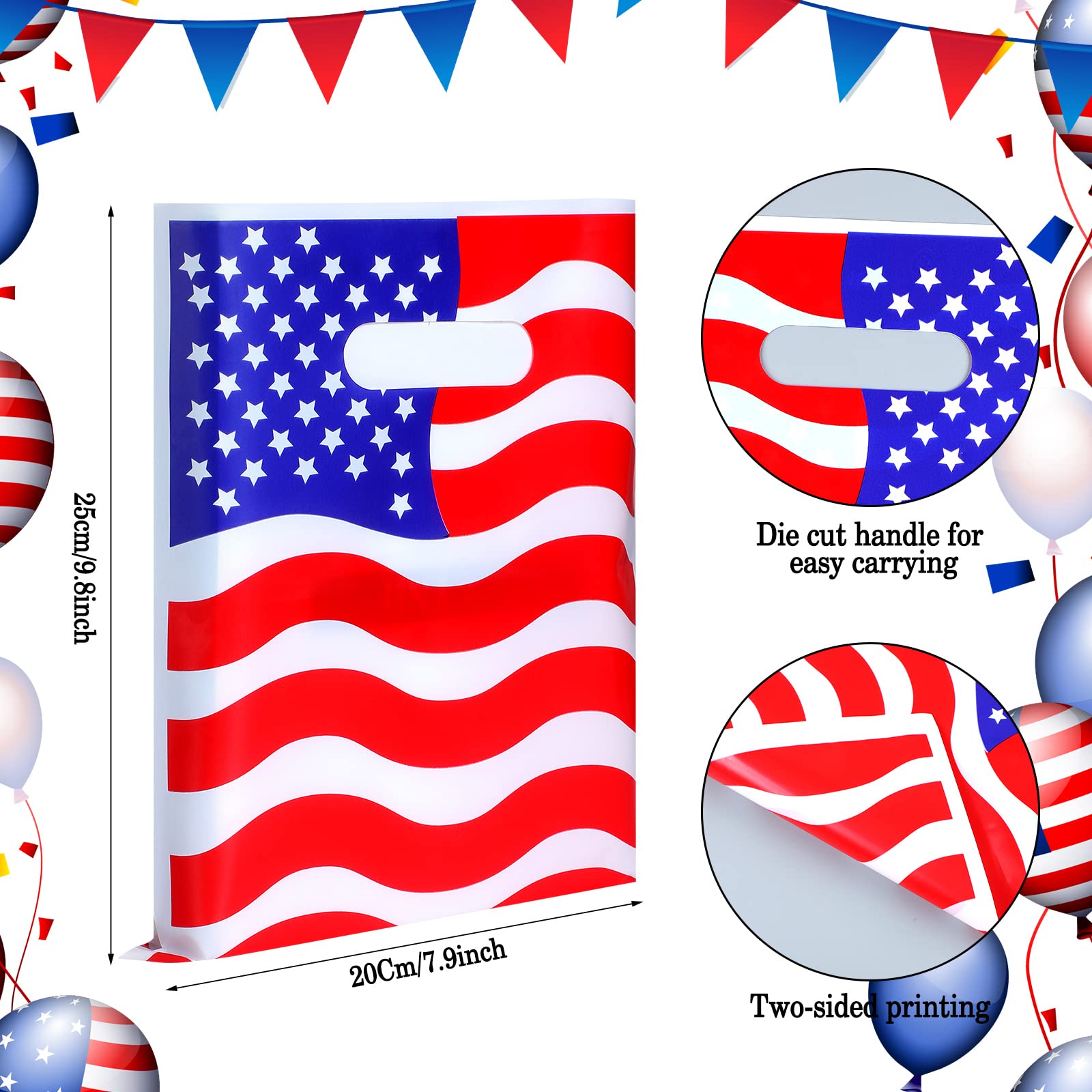 Qeeenar 100 Pcs Patriotic Gift Bags Red White and Blue Goodie Bags Bulk 4th of July Party Favor Bag with Handle Memorial Day USA Flag Merchandise Bag for 250th Anniversary Independence Day, 2 Designs