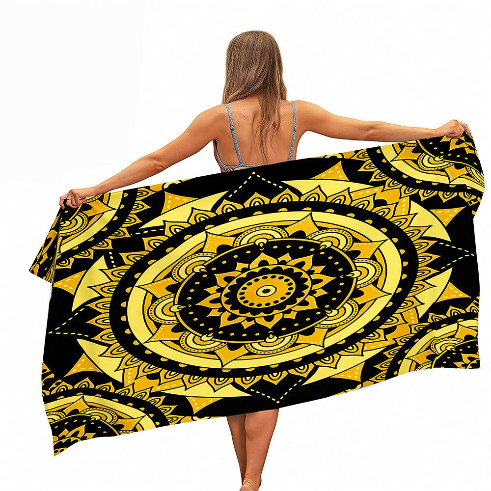 Fansu Yellow Rectangle Microfibre Beach Towel, Exotic 3D Mandala Print Lightweight Quick Dry Sand Free Compact Soft Super Absorbent Bath Towel Apply To Travel Yoga Sport (,70X150cm)