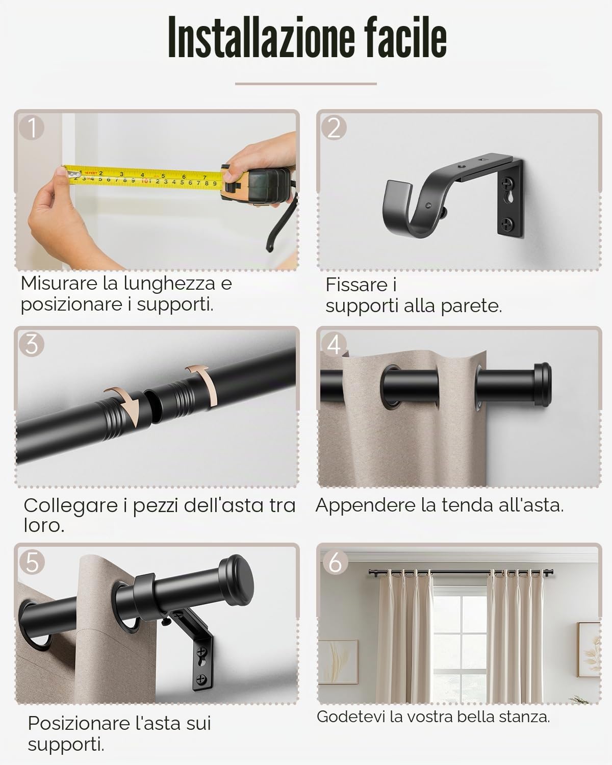 Bastone Tende 80–183 cm, Asta Estensibile Ø25 mm, Bastoni per Tende con Staffe per Finestre di Camera da Letto e Soggiorno, Nero Opaco