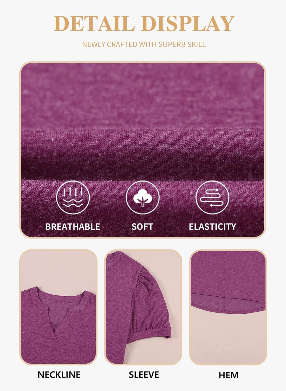 Eytino Womens Plus Size Tops V Neck Puff Short Sleeve Summer Loose Casual Solid Tees Shirts(1X-5X) - Image 5