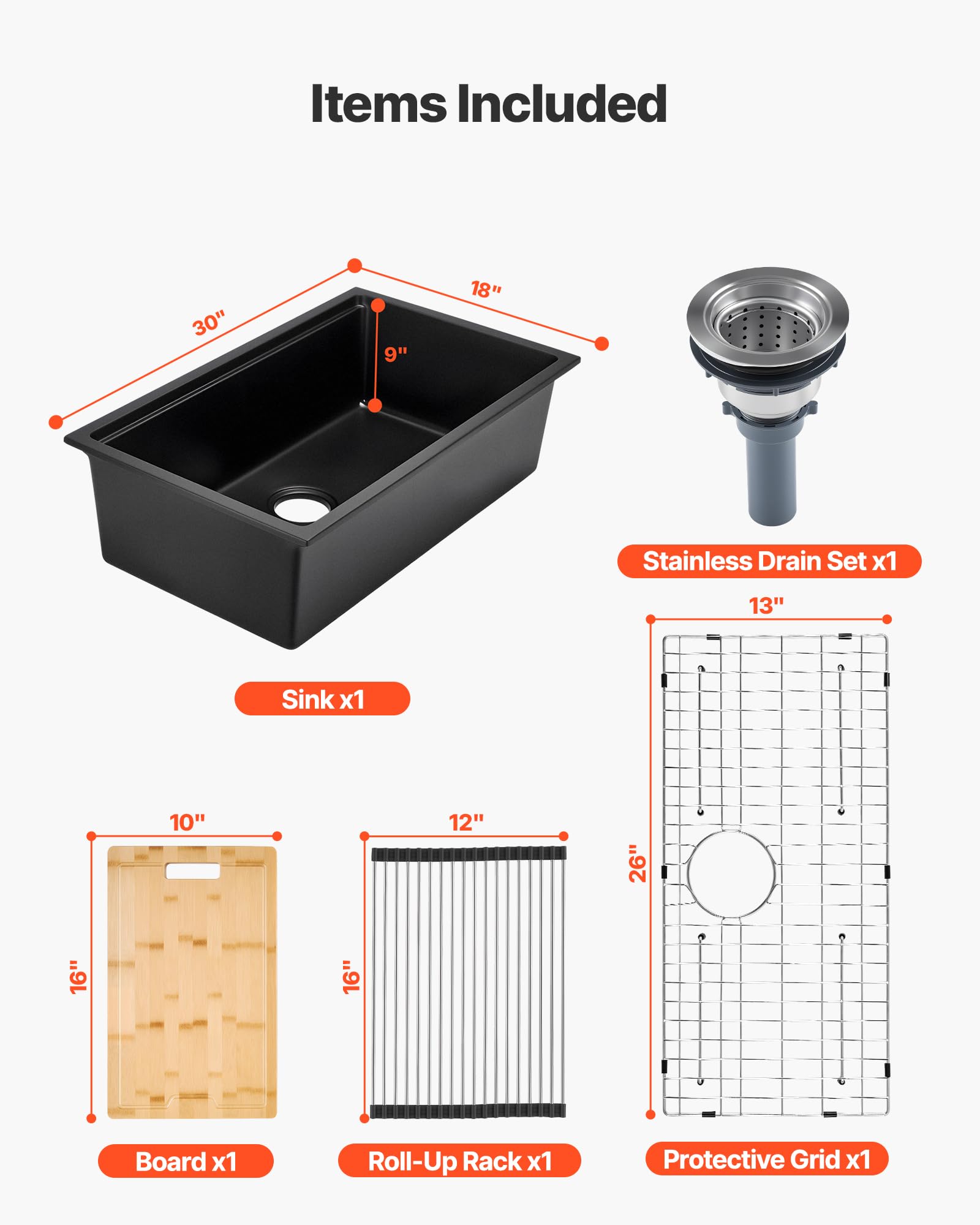 VEVOR Fregadero de Cocina de Granito Doméstico Montaje en Superficie, Fregadero Empotrado de Estilo Rústico con Accesorios, para Autocaravanas, Cocinas de Preparación, Negro, 762 x 457 x 230 mm