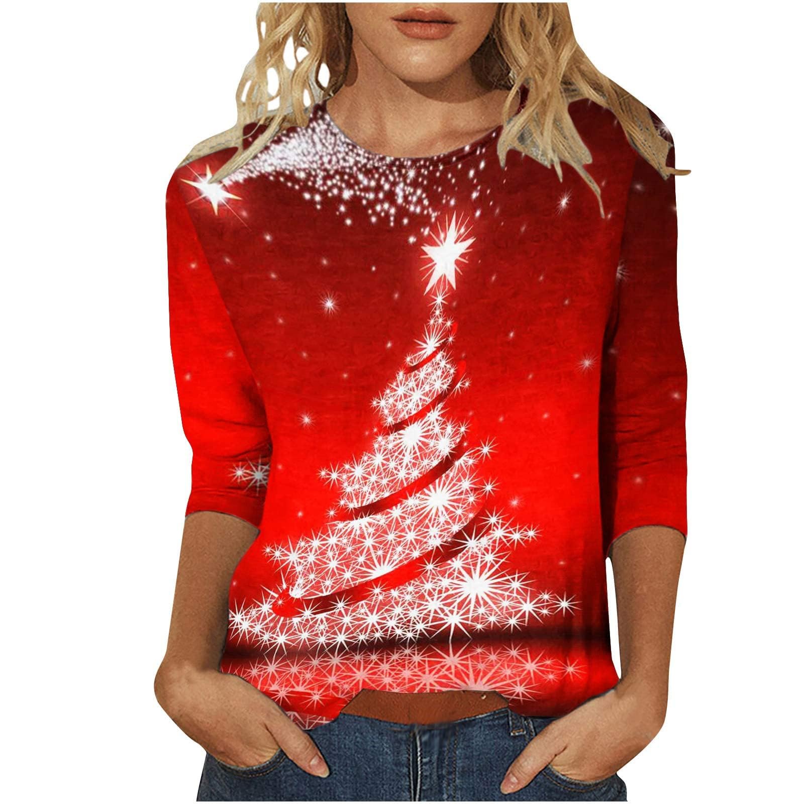 YSJZBS Christmas Shirts for Women 2024 Funny Xmas Tree Print 3/4 Sleeve Tops Blouses Crewneck Pullover Blouse Cotton Tunic