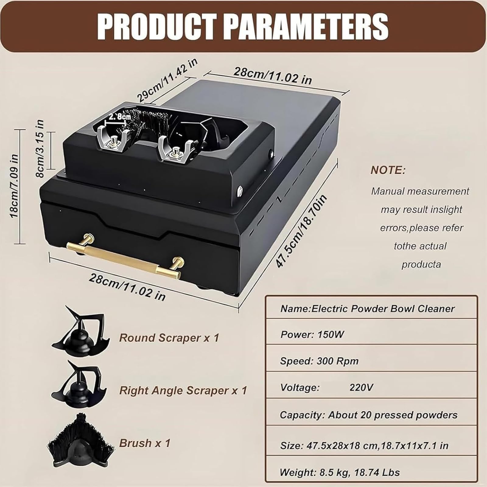 Limpiador eléctrico de portafiltros de café de 58 mm para máquinas Espresso, 300 RPM, con 2 raspadores y Cabezal de Cepillo; Limpiador Desmontable para Uso doméstico y Comercial.