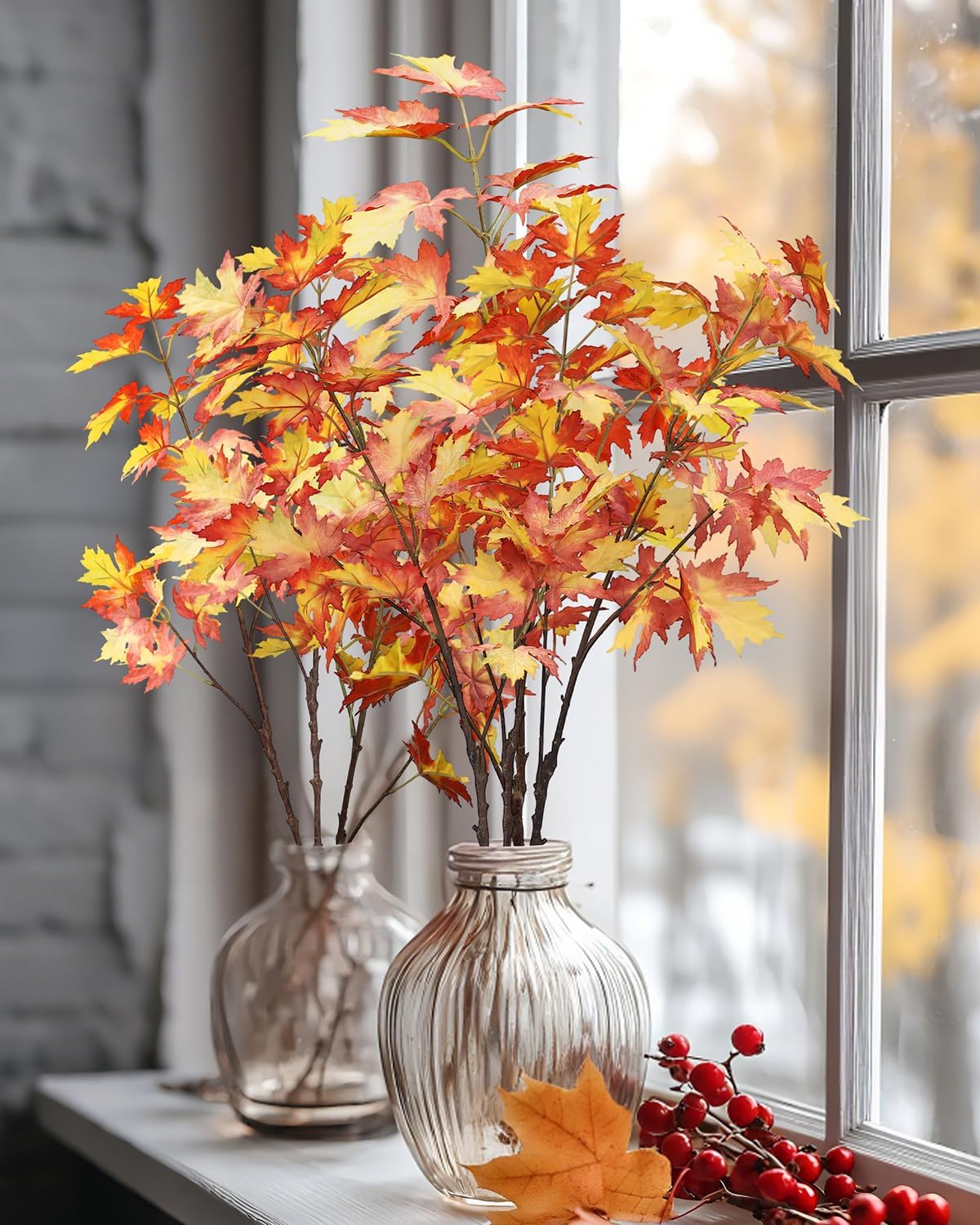 DuHouse 6 pcs  Artificial Maple Leaves Branches, Fall Faux Maple Leaf Stems for Vase, Autumn Decorations for Home, Thanksgiving, Halloween, Wedding Centerpiece Decor