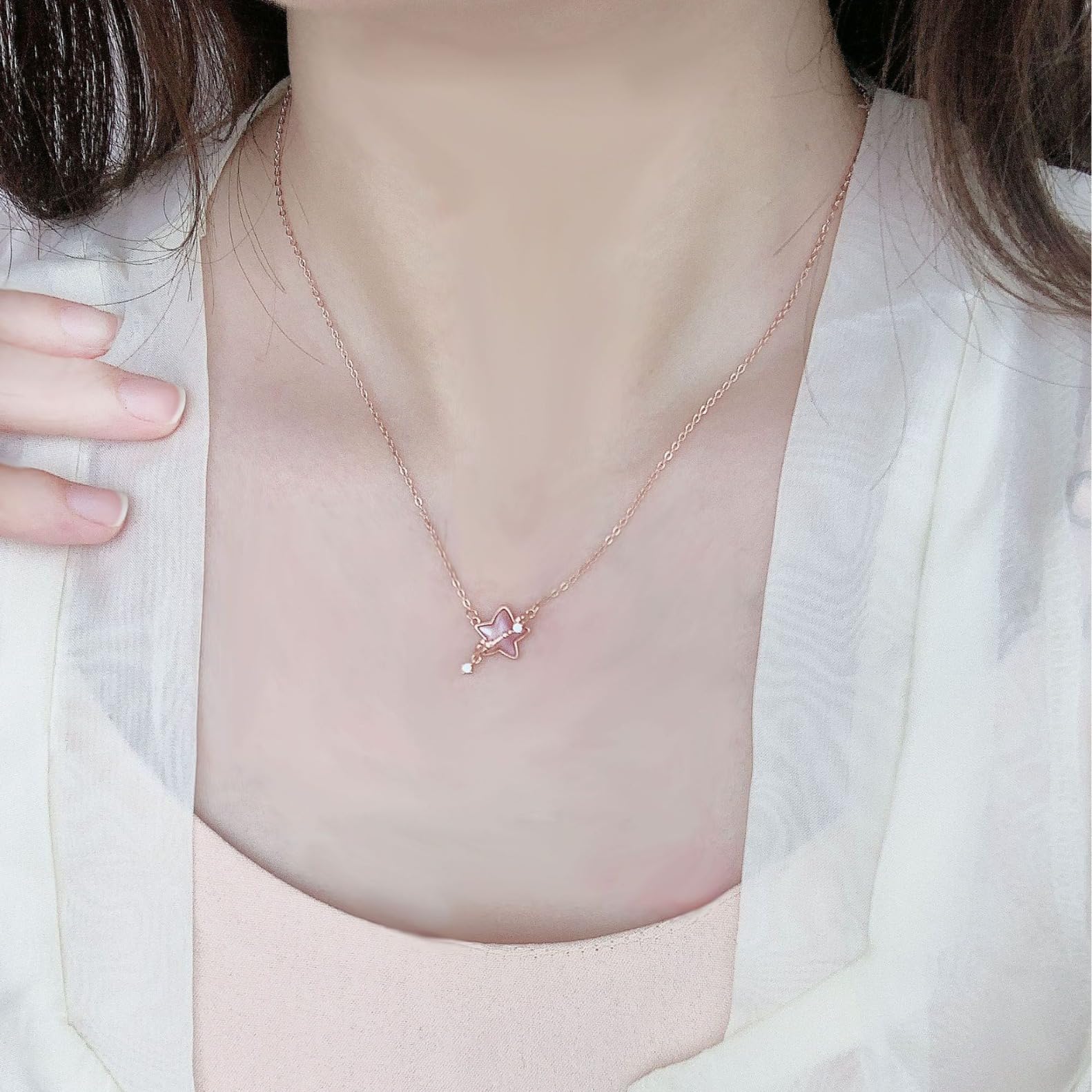 Collar de plata de ley 925 con colgante de estrella de mar y circonita brillante para mujer, 45+5cm, Plata esterlina, Circón