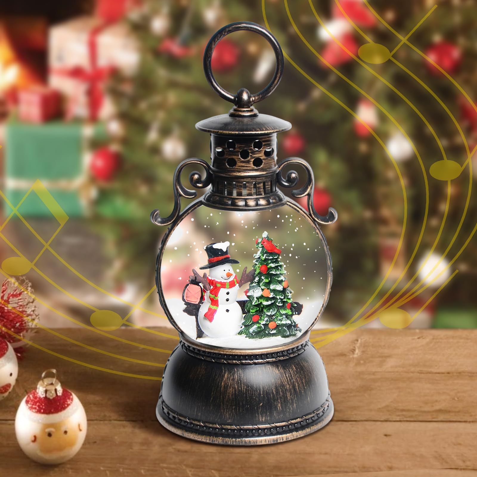 Christmas Snow Globes Lantern, Christmas Table Decorations with 8 Songs, 6H Timer, Battery & USB Powered Glitter Christmas Music Box Home Decor