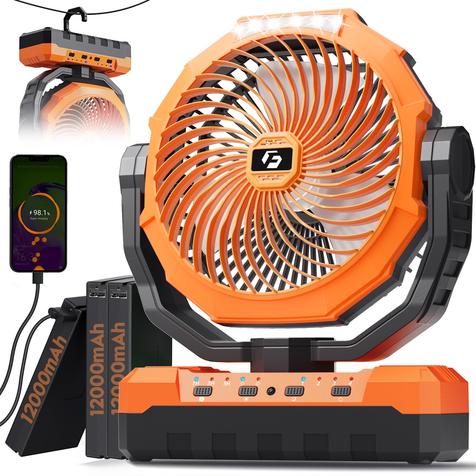 FRIZCOL 3-in-1 Camping Fan - Portable Fans Rechargeable - 36000mAh Detachable Battery Powered Fan with Light &amp; Remote for Indoor Outdoor, Tent, Travel, Fishing, Jobsite, Gifts for Men Dad Him - Orange