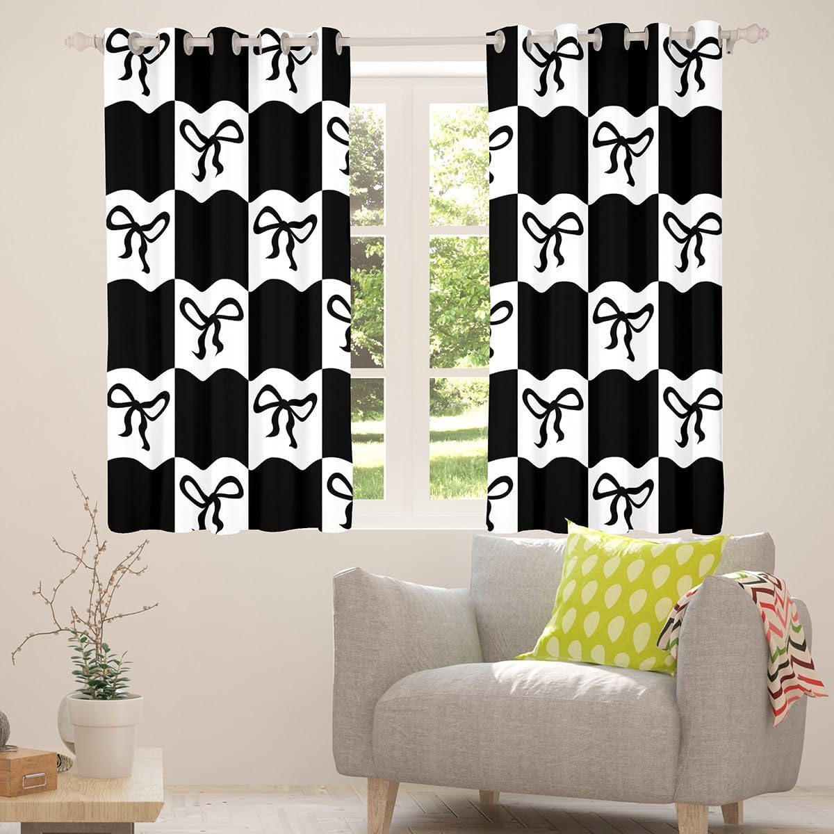 Feelyou Bow Knit Blackout Curtains Checkered Darkening Drapes for Bedroom Living Room Decor Black White Thermal Insulated Shades Cute Kawaii Window Treatments, 2 Panels 38 x 45 Inch