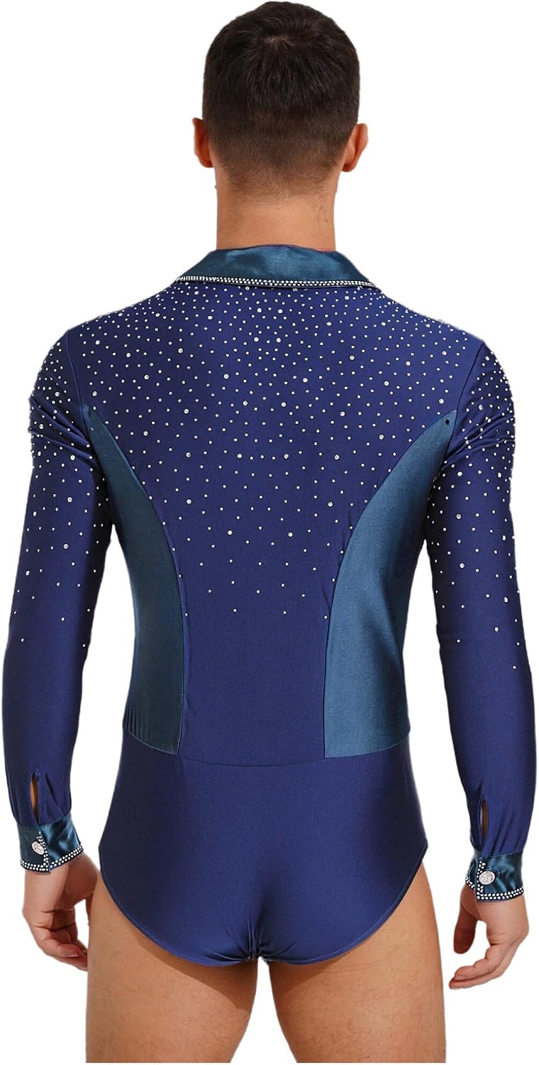 Freebily Mens Rhinestone Figure Skating Bodysuit Long Sleeve Latin Tango Cha-cha Dance Shirt Tops