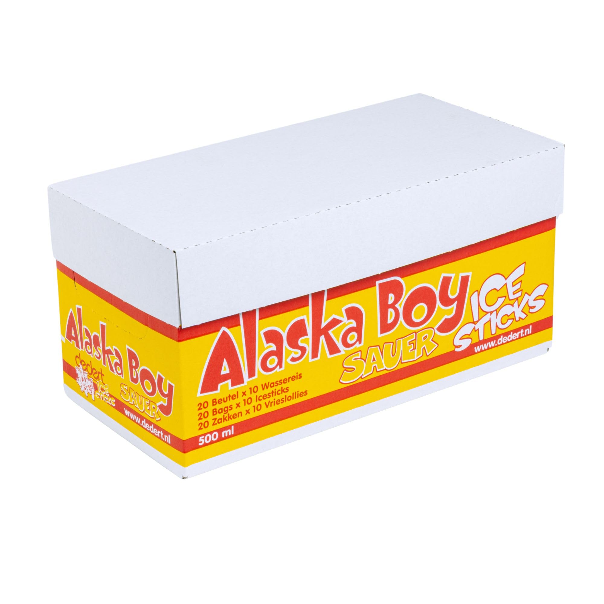 Alaska Boy Icesticks Sauer (20x 500ml) | 200x Wassereis mit je 50ml | Vegan, Glutenfrei und Laktosefrei | Wassereis-Großpackung mit 5x Geschmacksrichtungen Stangeneis zum einfrieren