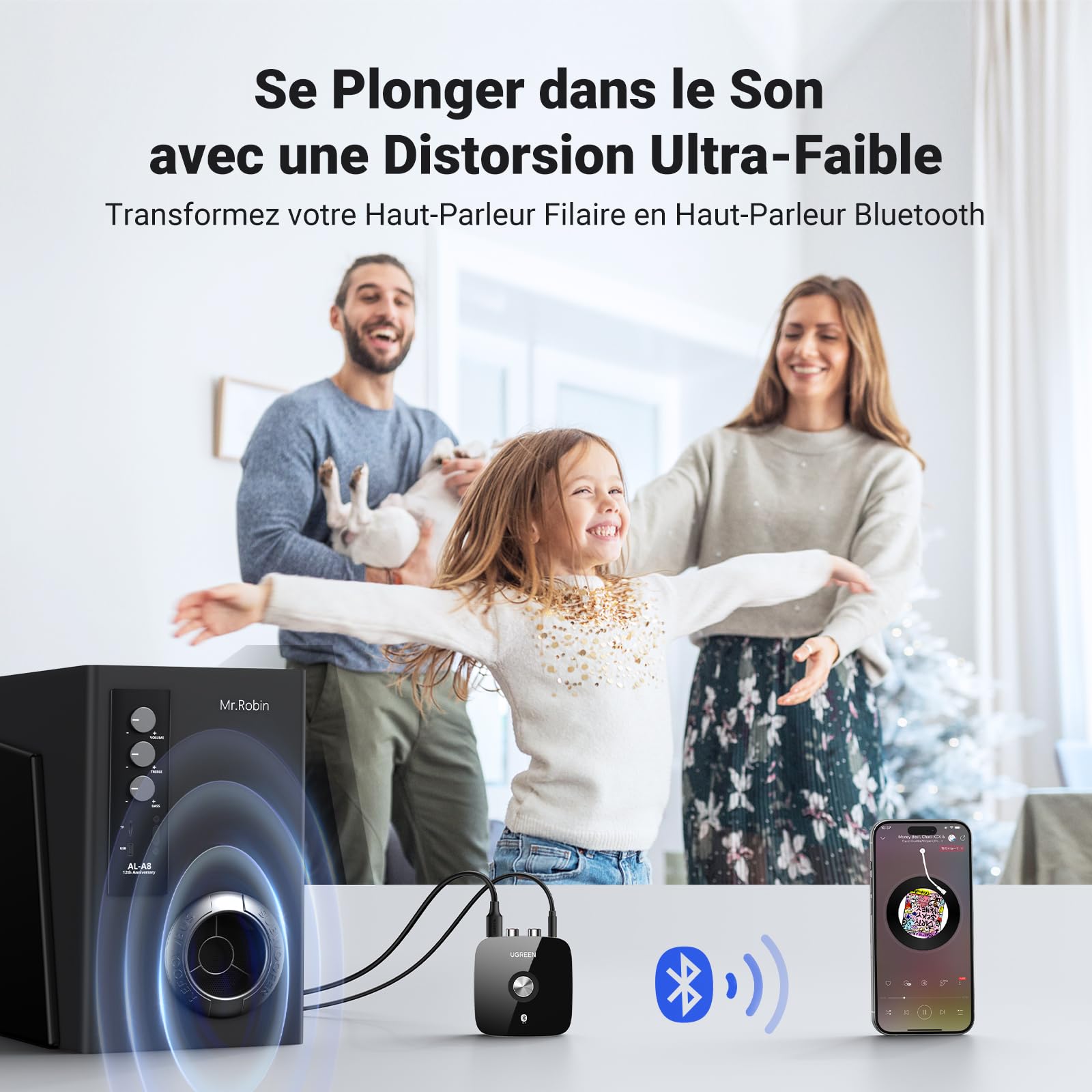 UGREEN Récepteur Bluetooth 5.1 aptX HD Adaptateur Audio Bluetooth aptX pour Chaîne HiFi EDR Technologie avec 2RCA et 3.5mm Double Connexion Haut-Parleur Amplificateur Phone Faible Latence