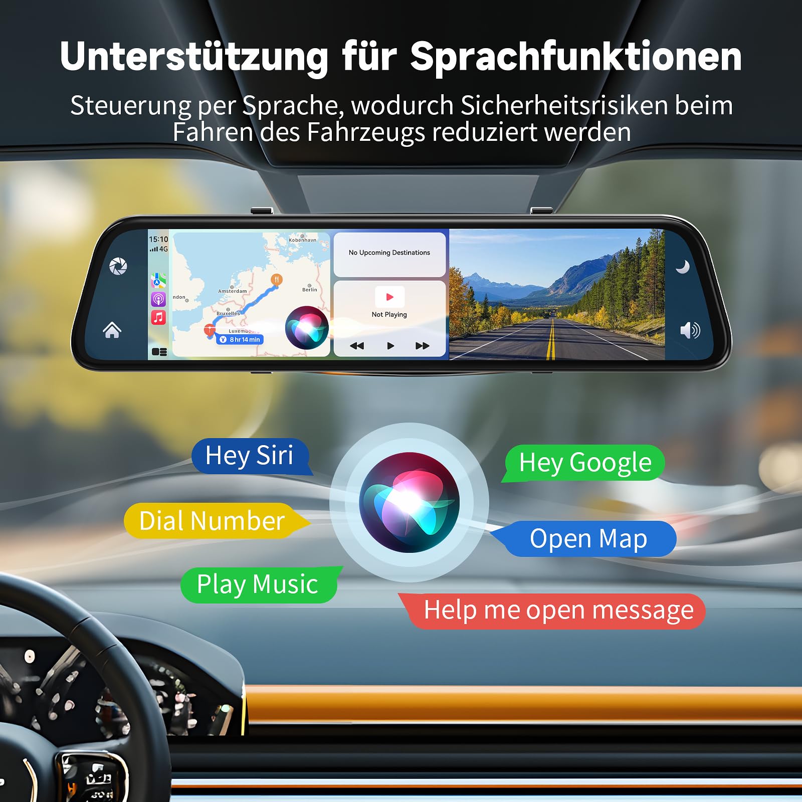 12,5 Zoll 4K Rückfahrkamera Spiegel mit Wireless CarPlay Android Auto Dashcam Einparkhilfe Navigation Bluetooth Mirror Link WDR AUX 64G SD-Karte