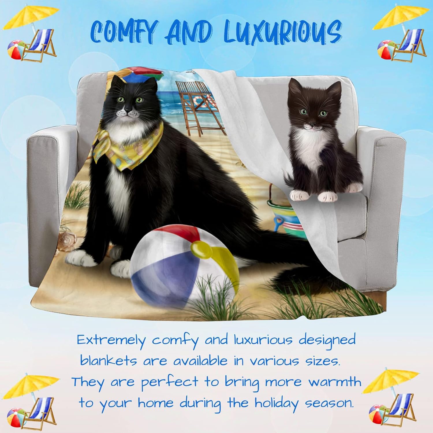 Pet Friendly Beach Tuxedo Cat Blanket - Lightweight Super Soft Cozy and Durable Bed Blanket - Animal Theme Fuzzy Blanket for Sofa Bed Couch BLNKT57106 (50x60 Woven)