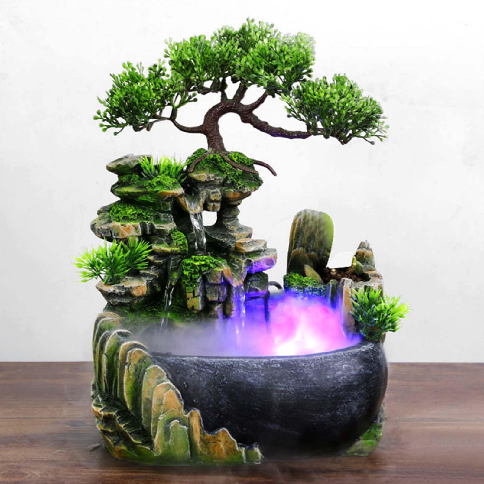 Humidificador de Cascada con Fuente de Escritorio para Decoración del Hogar de Oficina con Paisaje Realista y Flujo de Agua, Plantas y Peces de Colores