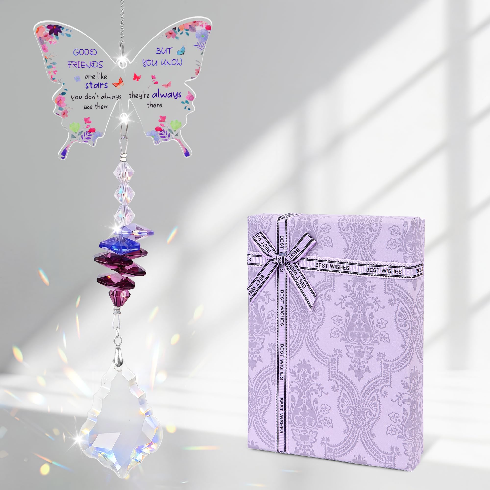 Wsetyy Friendship Gifts for Women, Crystal Butterfly Suncatcher for Best Friend, Birthday Present, Personalised Hanging Window Ornament for Home Decoration (Maple leaf pendant)