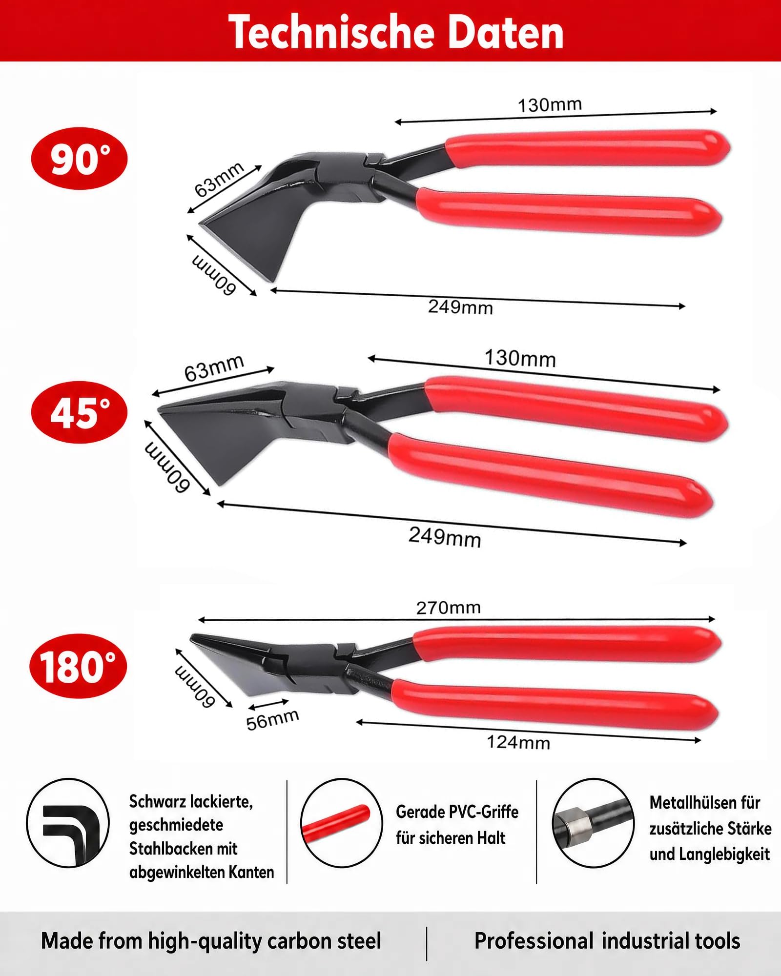 Lot de 3 Pinces Plieuses à Tôle 0° 45° 90°, Pinces à Border 270 mm pour Pliage de Tôle, Mâchoires 60 mm en Acier Carbone, Outils de Cintrage pour Aluminium, Cuivre, Zinc, Acier Fin