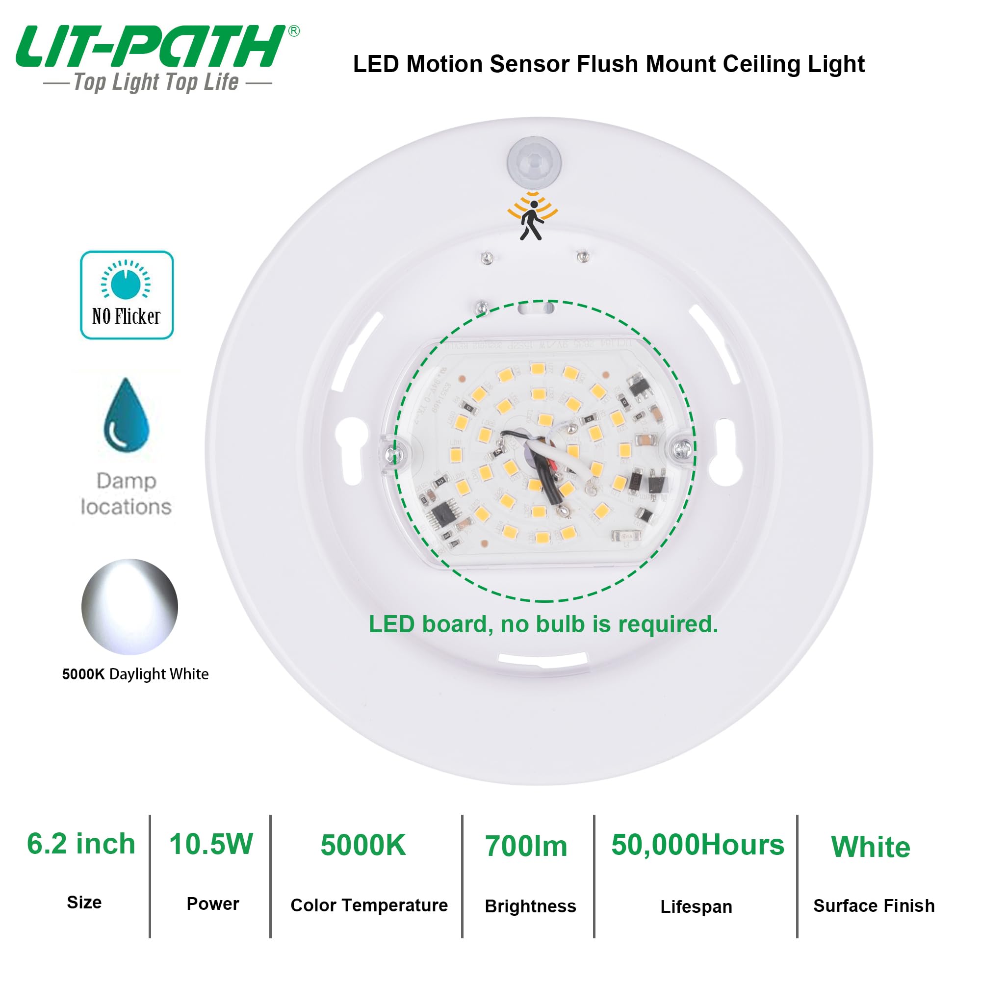 LIT-PaTH Sensore di movimento a LED con sensore di movimento, 9,5 W (equivalente a 60 W), 650 lumen, 6,2 pollici