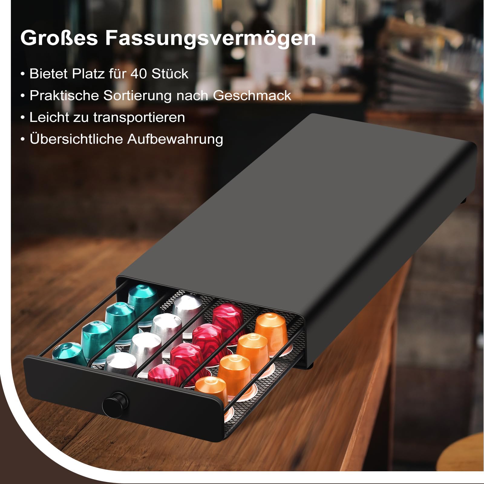 Portacapsule da caffè, compatibile con capsule Nespresso, dispenser per capsule, cassetto, 40 pezzi, 37,5 x 17,6 x 5,8 cm, per casa, ufficio, caffè, nero