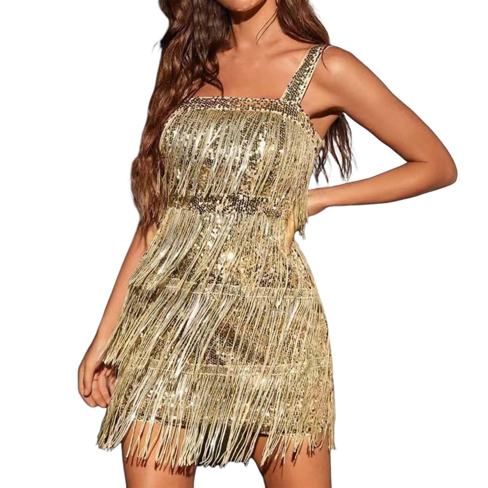 Generisch Abito sexy da donna con paillettes e paillettes, schiena scoperta, con maniche e guanti, abito da ballo con frange, per salsa, latino, costume da ballo con nappe